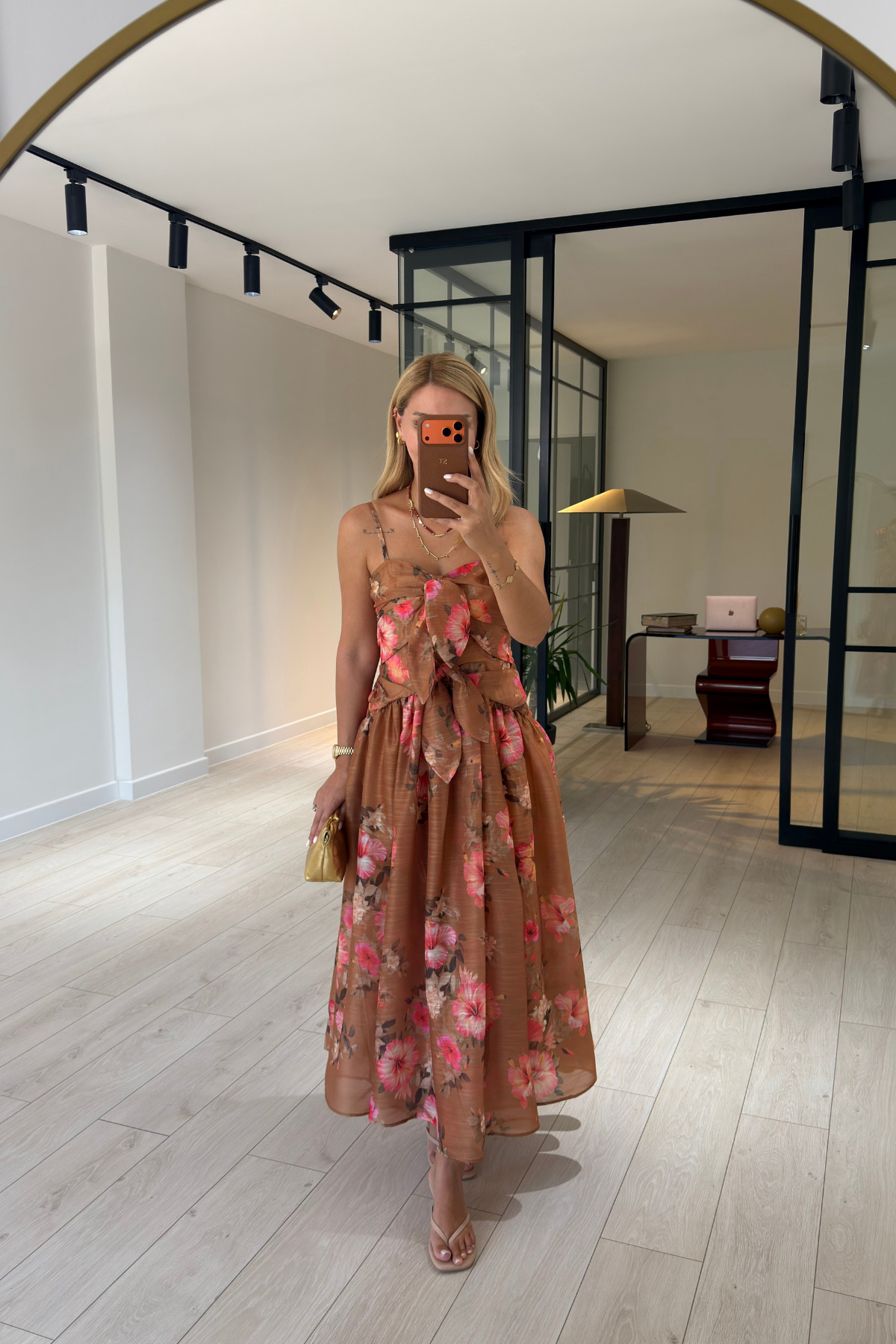 Sezgi Tekin Adjustable Strap Floral Pattern Coffee Dress