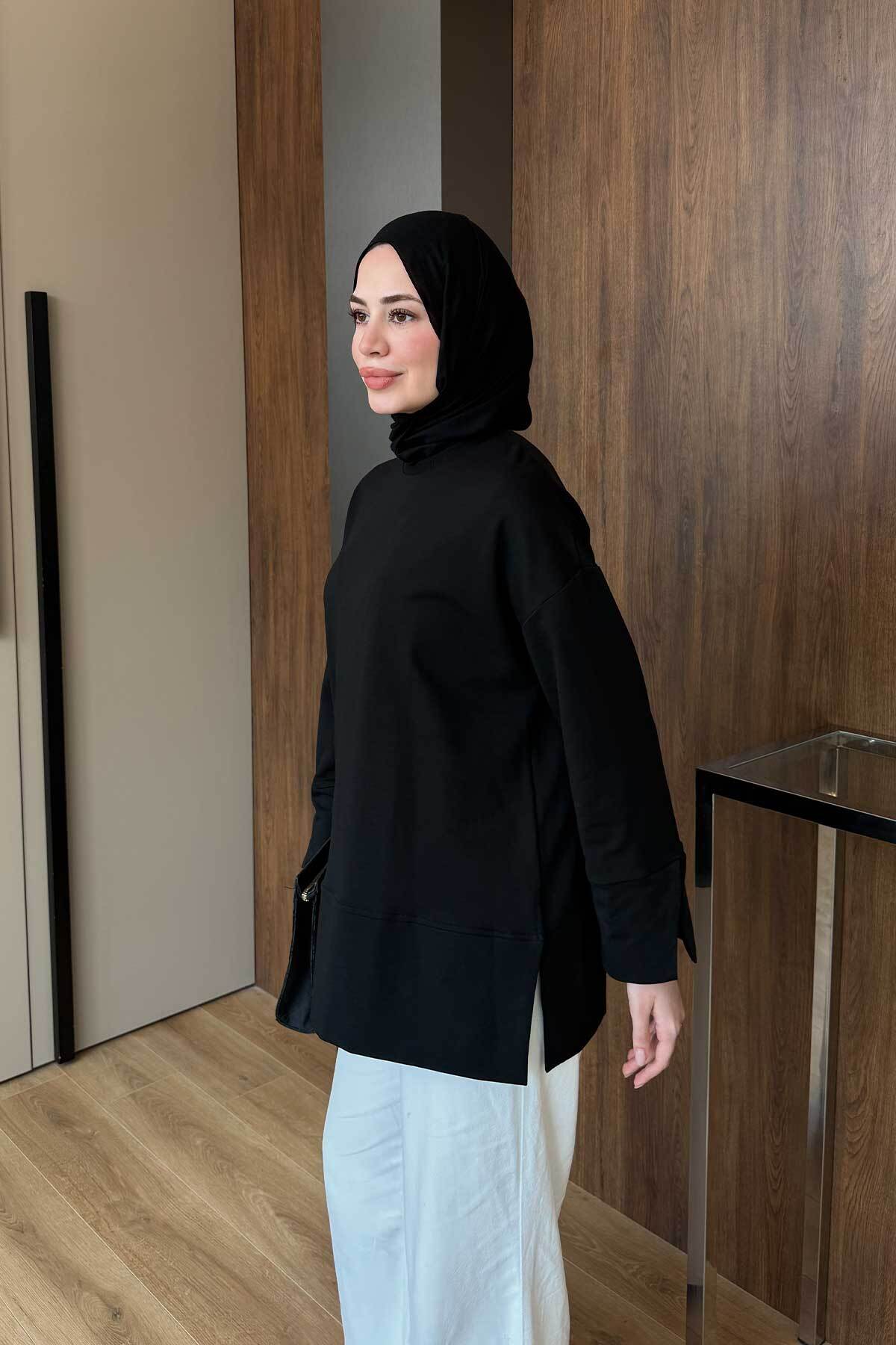 LOCCO Kadın Yırtmaç Detay Bisiklet Yaka Tunik Siyah görsel 2