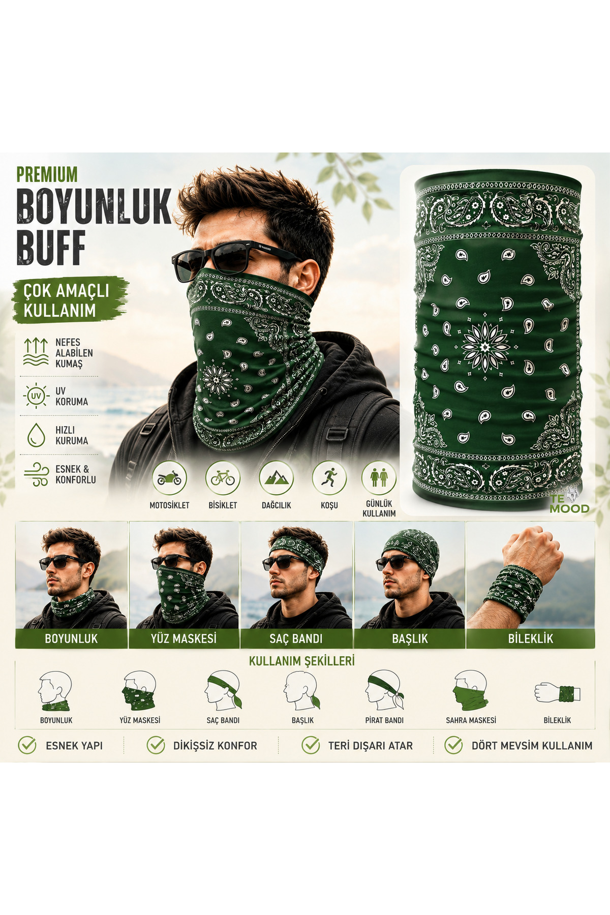 FG KONNİCHİWA Bandana Siyah Etnik Bandana Yüz Maskesi ve Boyunluk ve Günlük ve Motosiklet Kullanımı UV Korumalı Çok Amaçlı Boyunluk görsel 4