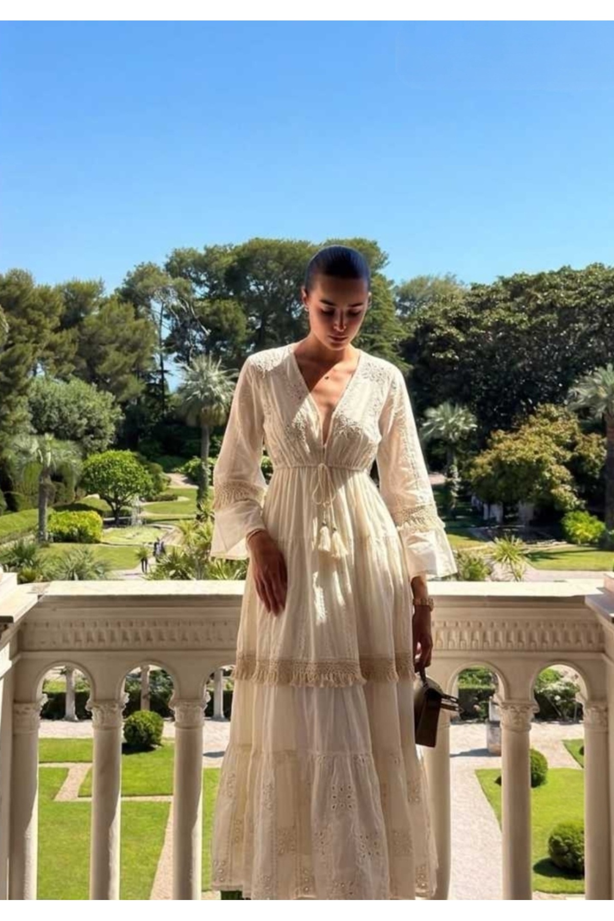 Miss Imported 100% Cotton Long Dress with Embroidered Lace Detail