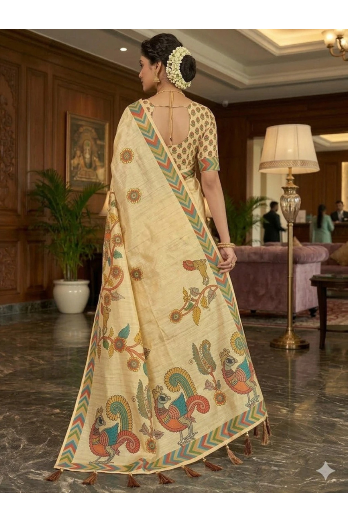 MYSMAR Cream Kalamkari Print Linen Saree - KTZ8306 | Cream