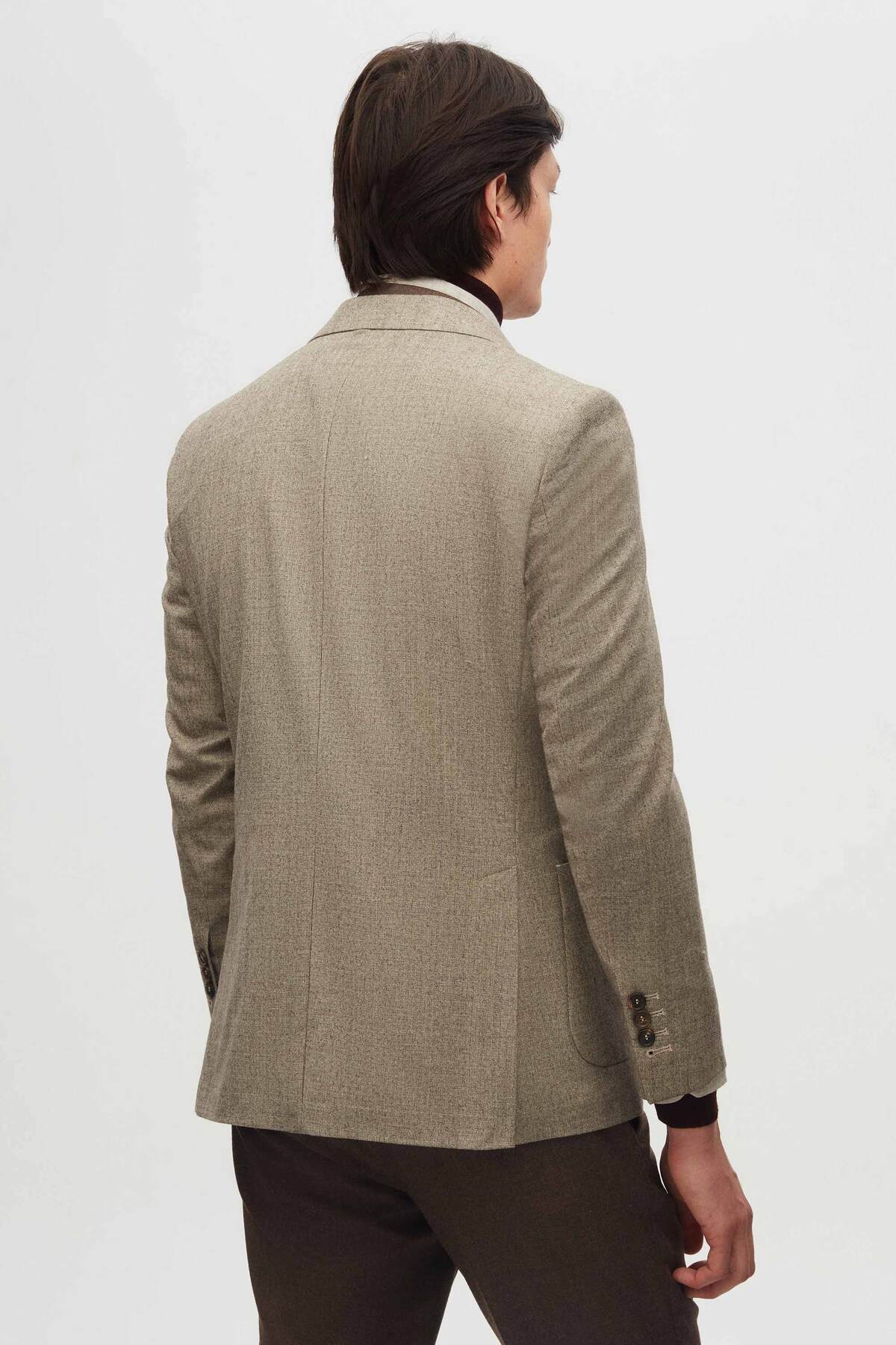 Slim Fit Vizon Desenli %100 Yün Takim Elbise Kombinli — بژ 3DFK5ML045671 — تصویر 3 از 8