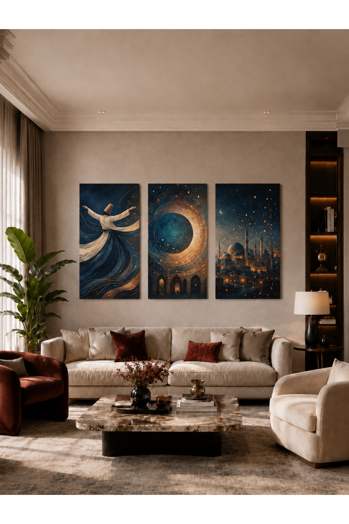 MDF Tablo Semazen ve Cami Temalı 3’lü Set – İslami Salon Duvar Dekorasyonu