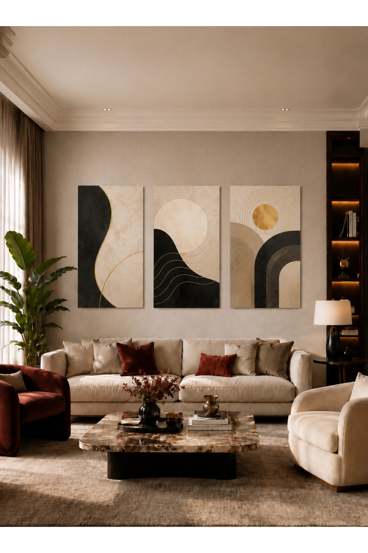 3 Parça MDF Soyut Geometrik Tablo Seti Siyah Bej Gold Modern Duvar Dekoru Salon Tablosu