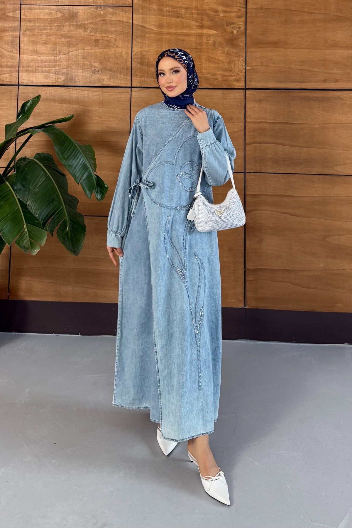 Miss Allos Women's Embroidered Side-Tie Denim Dress
