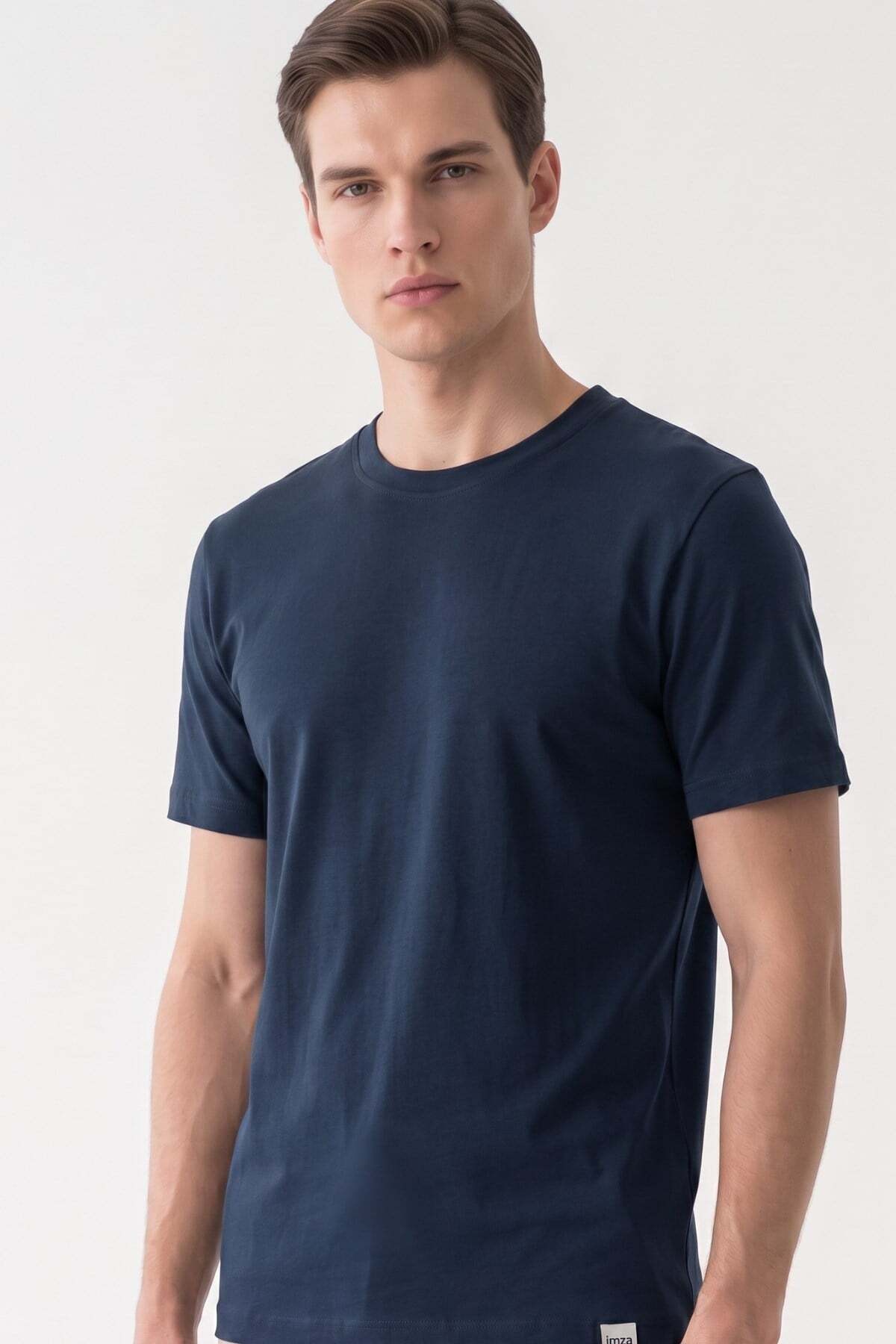 İmza Navy Blue Men'S-Unisex 100% Cotton Slim Fit Slim Fit Crew Neck T-Shirt 1011265166