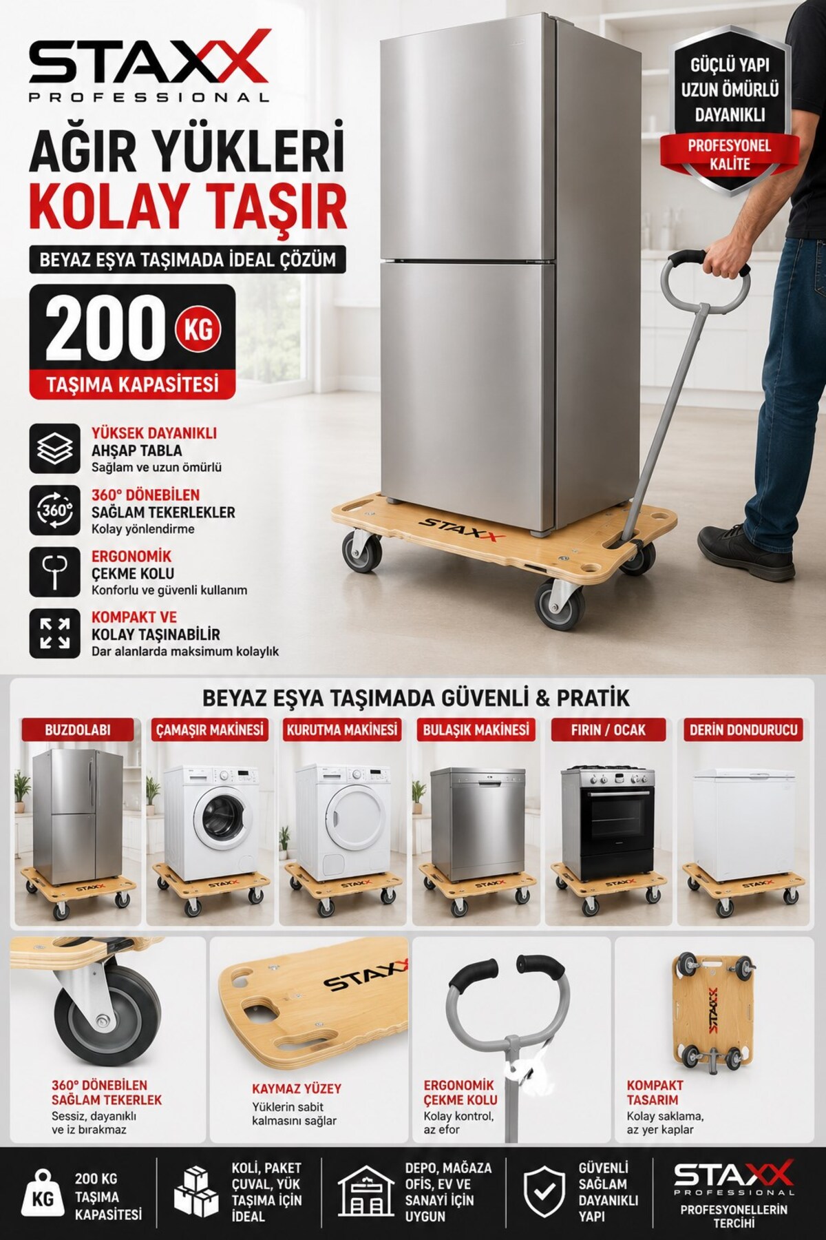 STAXX POWER 200 Kg Katlanır Taşıma Arabası – Ahşap Yük Taşıma Arabası – Koli, Paket, Çuval Beyaz Eşya Taşıma