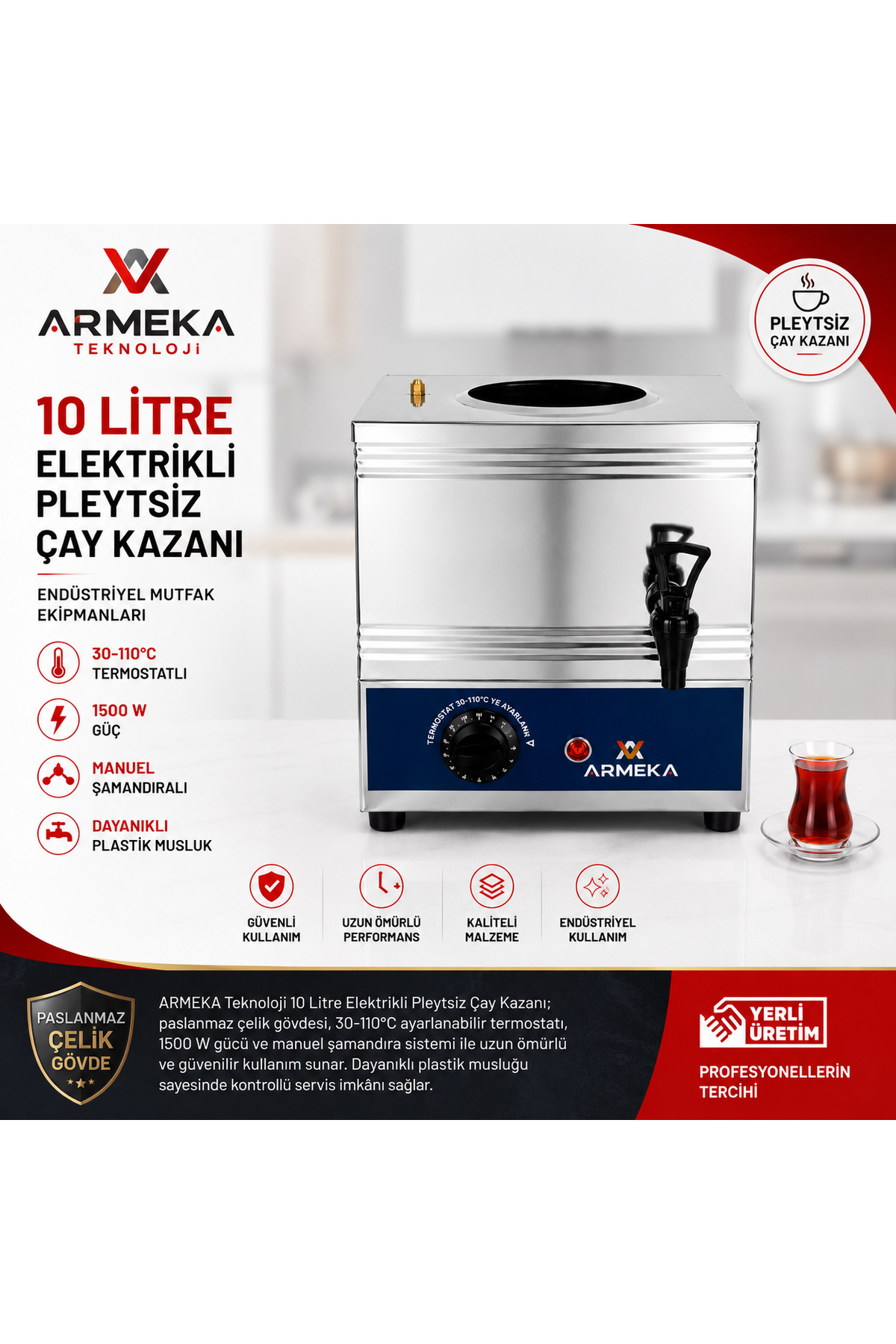 Armeka Çay Kazanı Plastik Musluklu Pleytsiz Çay Ocağı 10 Litre