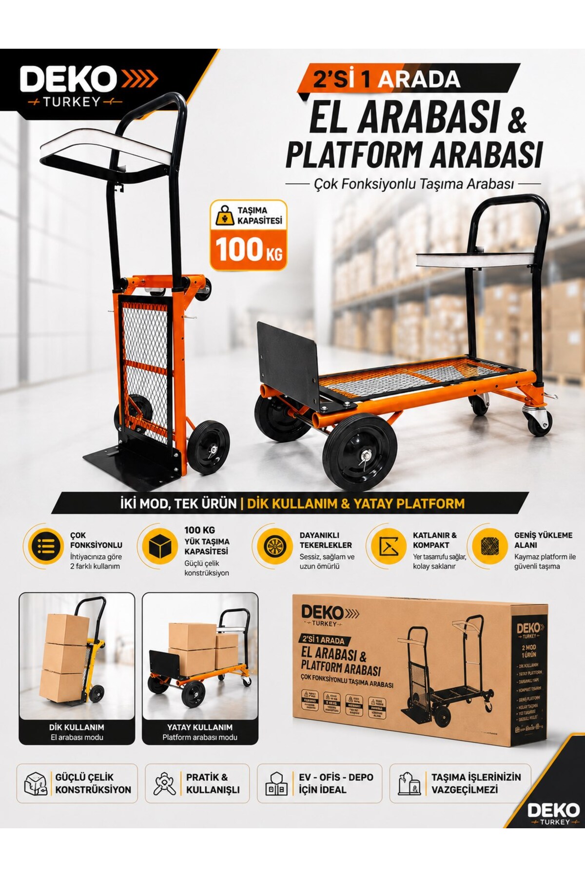 DEKO Turkey 100 KG 2'si 1 Arada Katlanır El Arabası Taşıma Arabası – Çok Fonksiyonlu Çelik Yük Taşıma Arabası