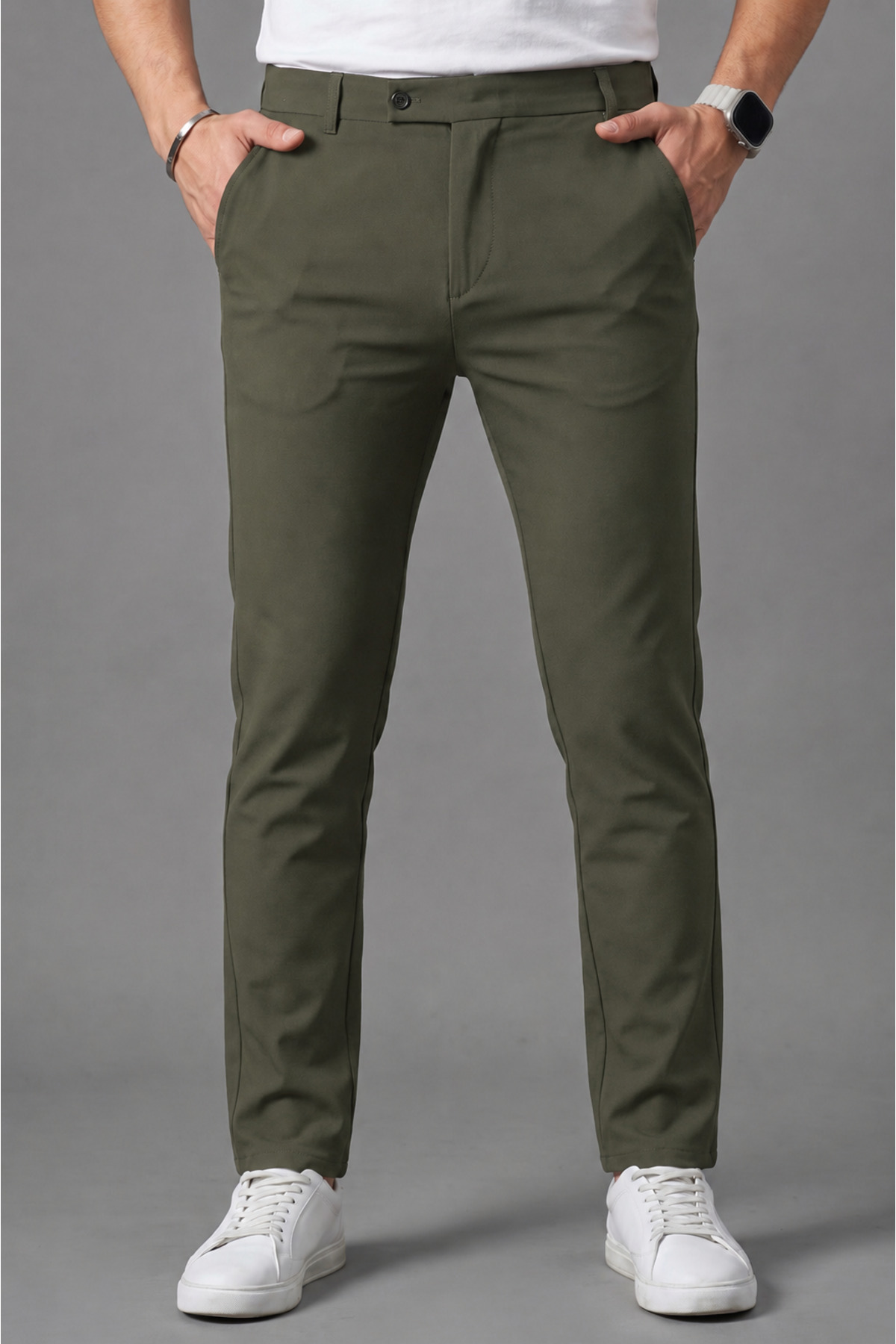 Erkek Haki Renk Kaliteli Esnek Likralı Slim Fit Kumaş Pantolon — خاکی KUMAŞ-SLİM