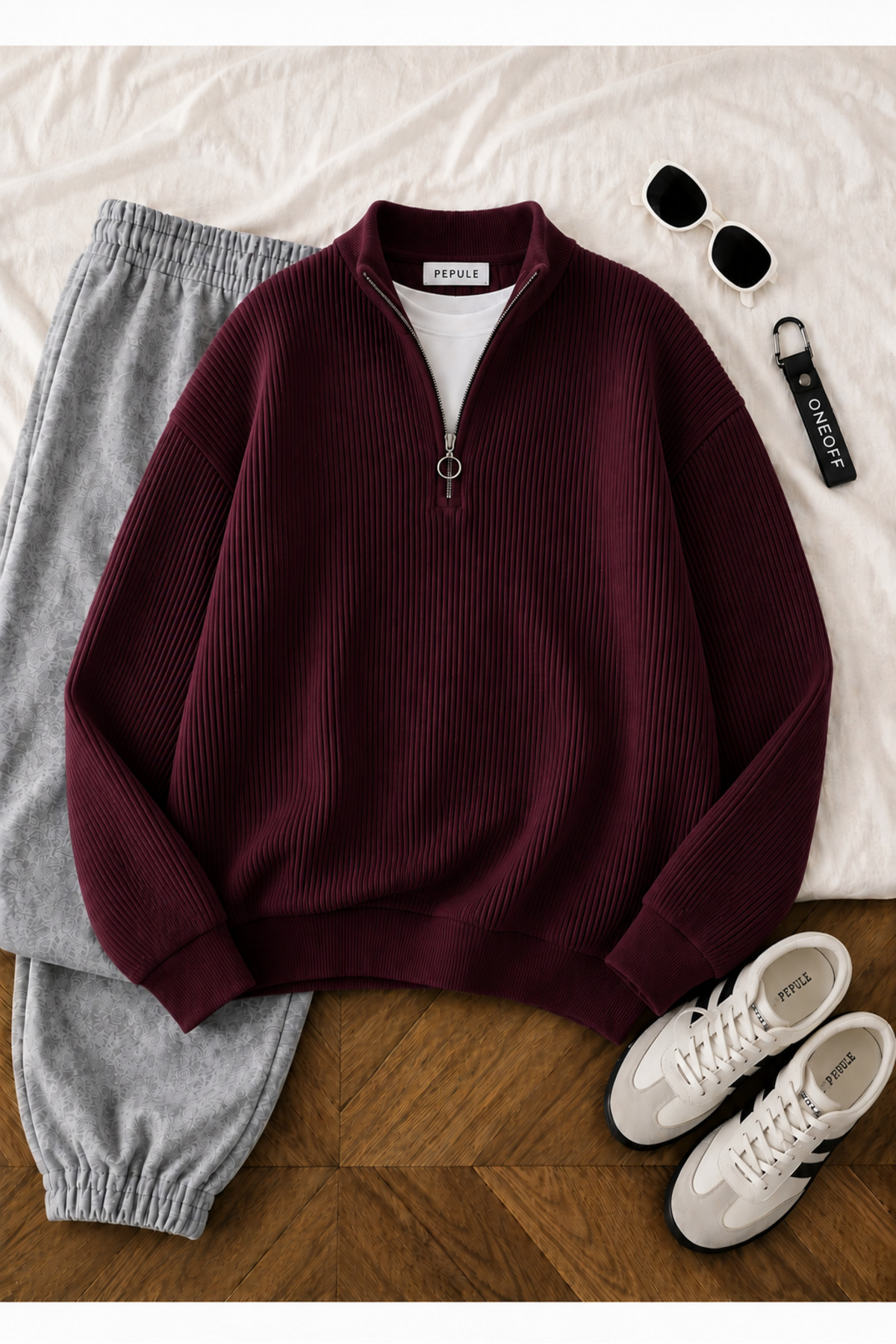 oneoff Erkek Selanik Örme Yarım Fermuarlı Triko Kazak Dik Yaka Kışlık Kalın Dokulu Modern Fit Premium