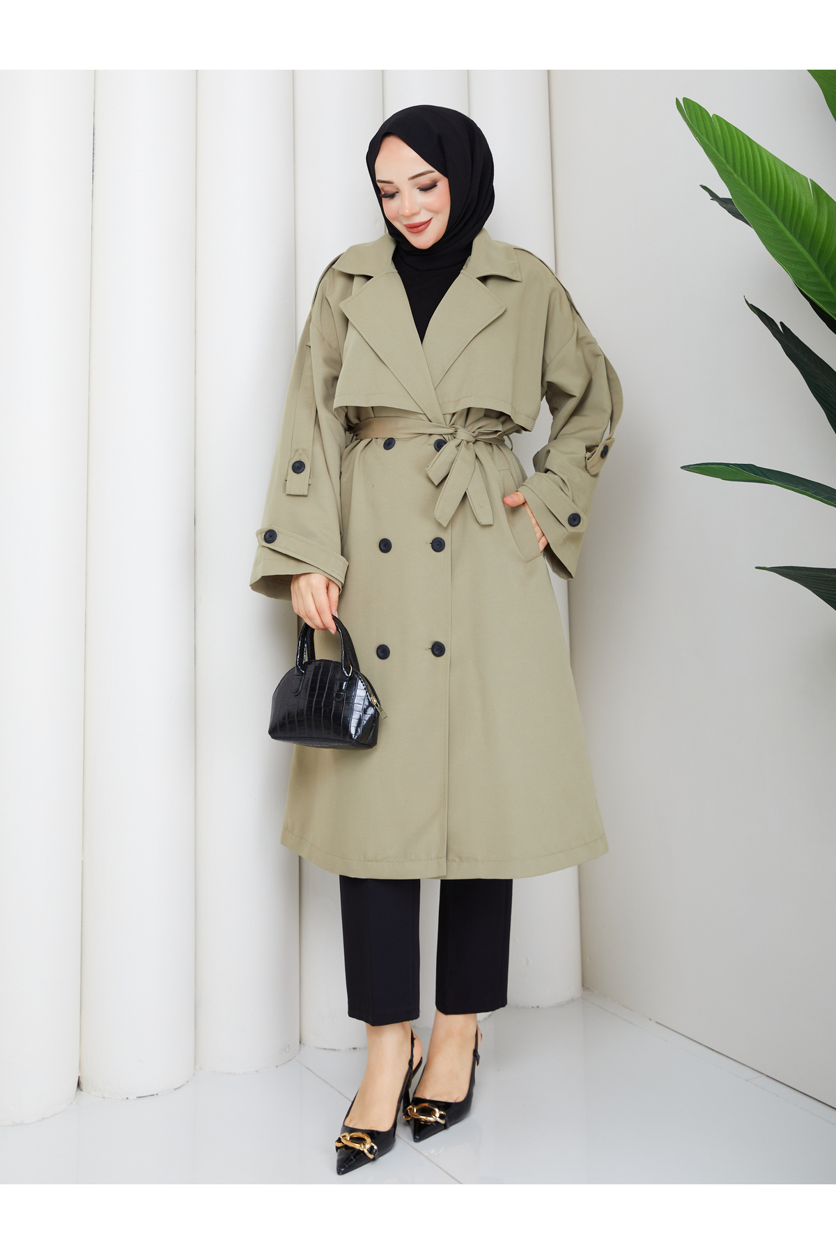 RACE FASHİON Kadın Oversize Düğmeli Tesettür Trençkot RC3111 görsel 6