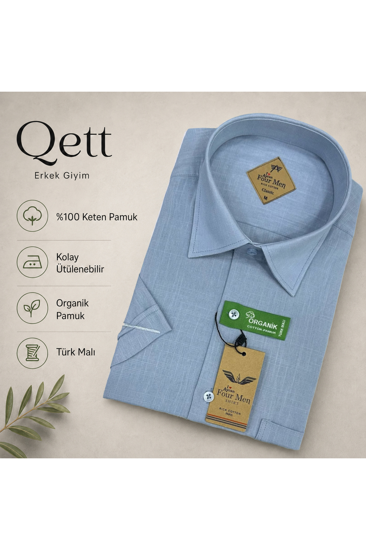 Qett Kısa Kol Regular Kesim Düğmeli Yaka Pamuk Nefes Alabilen Keten Görünümlü Gömlek Büyük Beden görsel 2