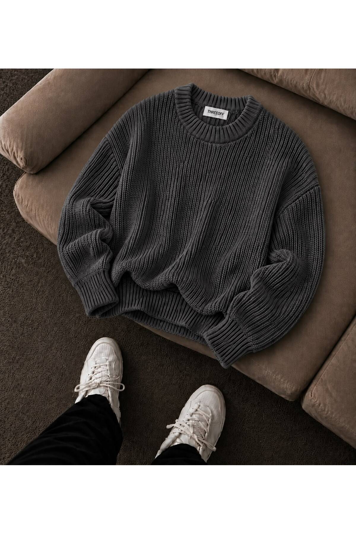 pepule Erkek Oversize Selanik Örgü Triko Kazak Bisiklet Yaka Basic Rahat Kalıp Premium Yumuşak Dokulu Günlük Kışlık Kazak