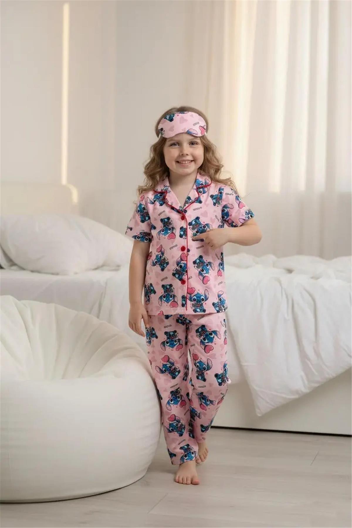LUFFY KİDS Pink Patterned Cotton Front Buttoned Eyelet Short Sleeve Pajama Set 8014