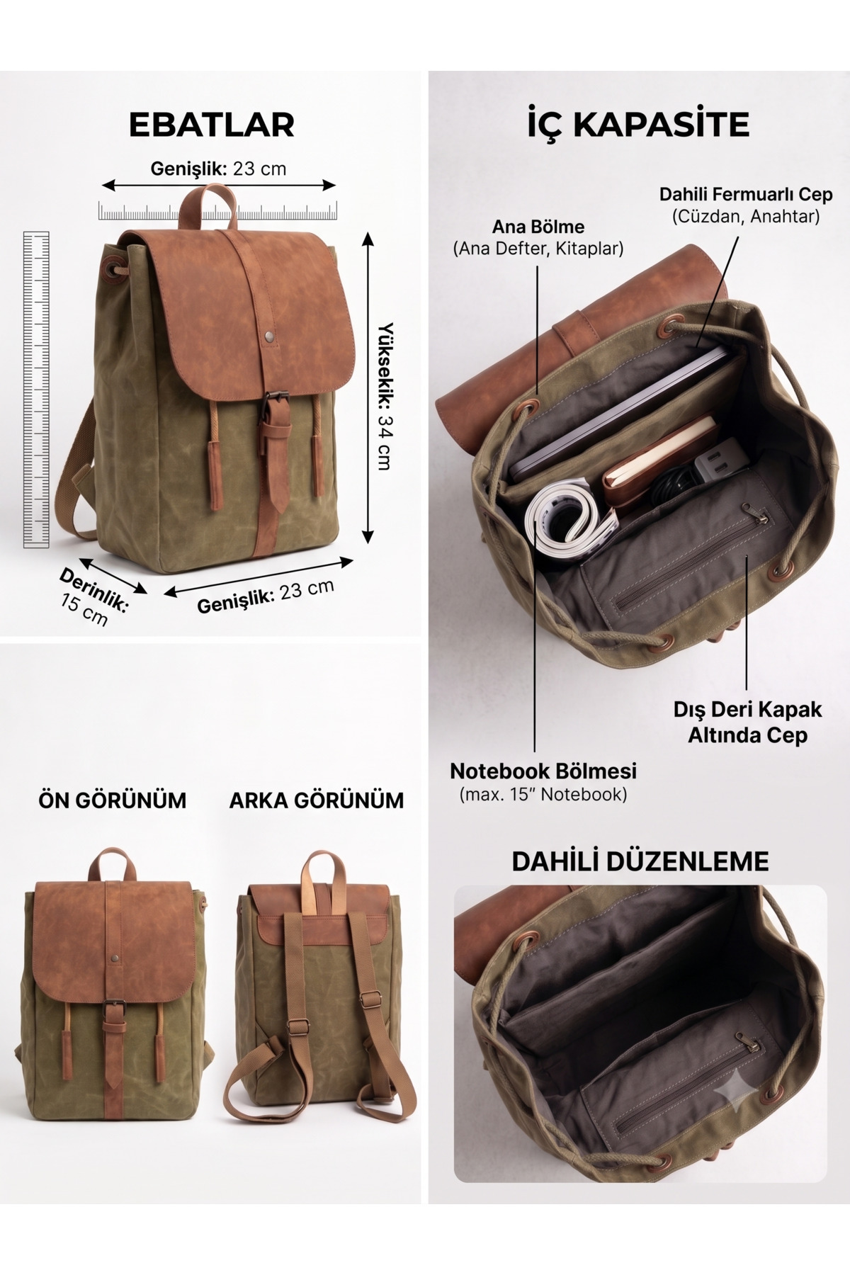 MANDOSİ Unisex Vintage Kanvas Sırt Çantası Deri Kapaklı Bölmeli Seyahat ve Günlük Çanta, Erica 7120 görsel 4