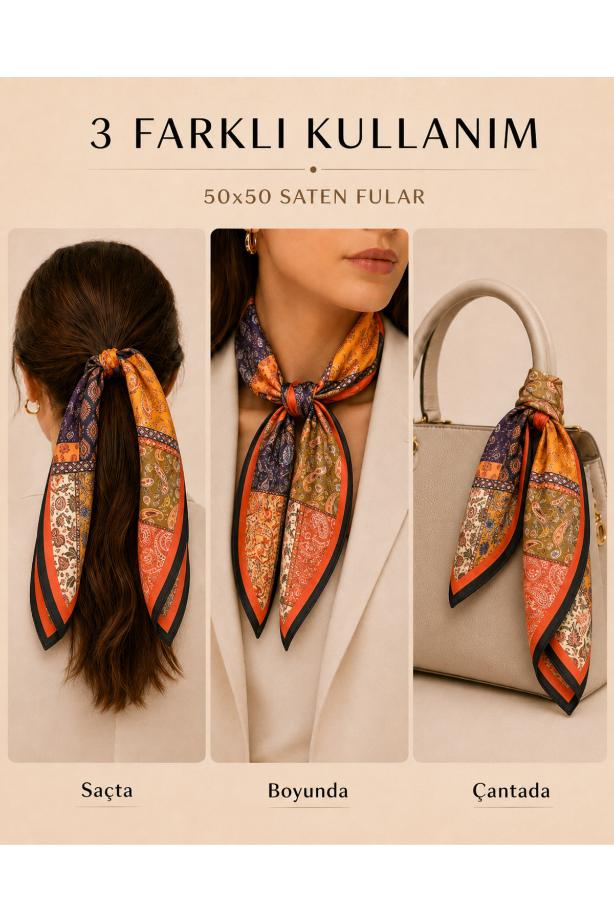 OUS Kadın Patchwork Paisley Desenli 50x50 cm Saten Fular, Siyah Kenarlı İpeksi Dokulu Kare Boyun Saç ve Çanta Aksesuarı görsel 2