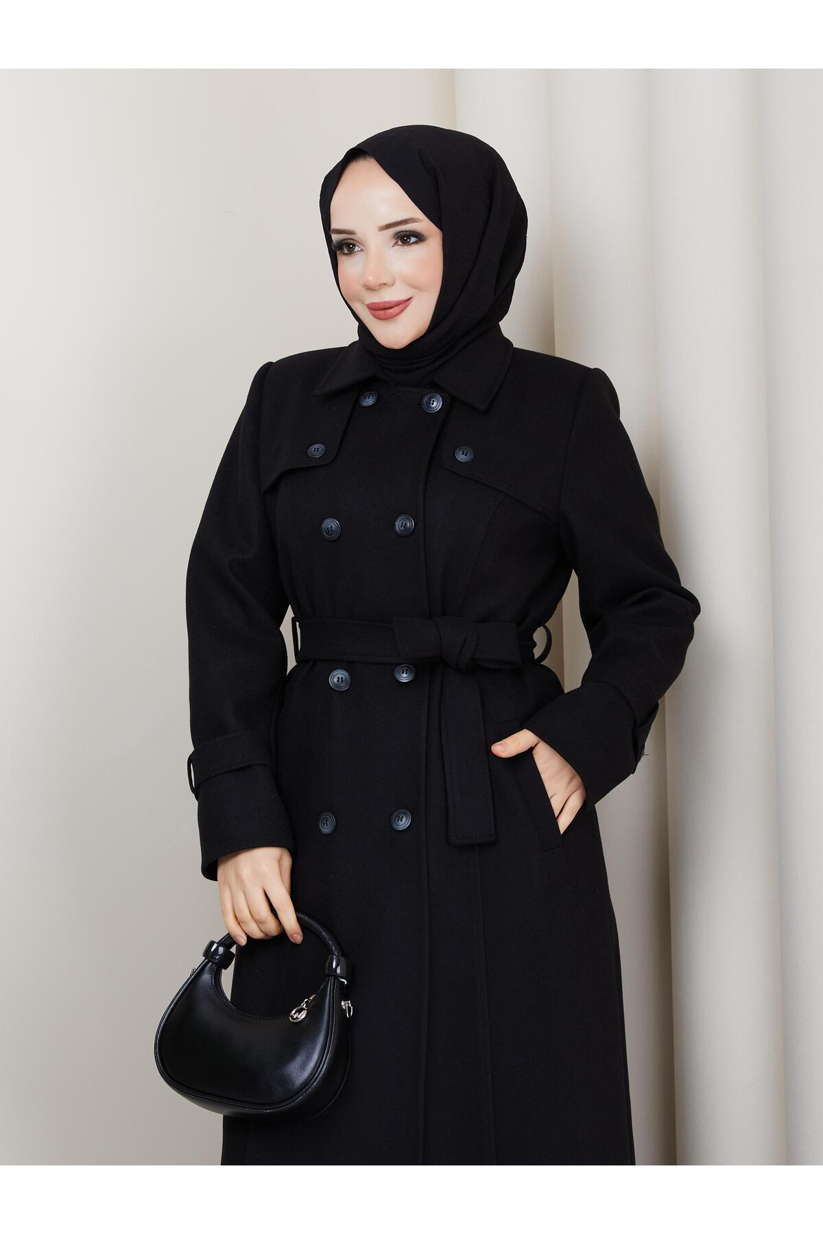 moda asmila Kruvaze Pelerin Detaylı Tam Boy Kaşe Manto görsel 4