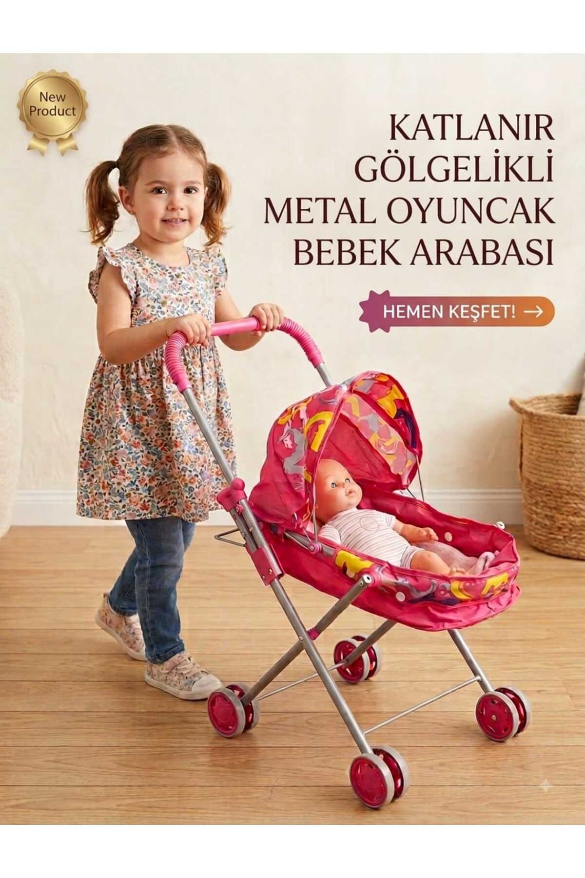 TOHA Oyuncak Bebek Arabası Puset Katlanabilir Beşikli Gölgelikli 37x57 cm Evcilik Oyun Seti