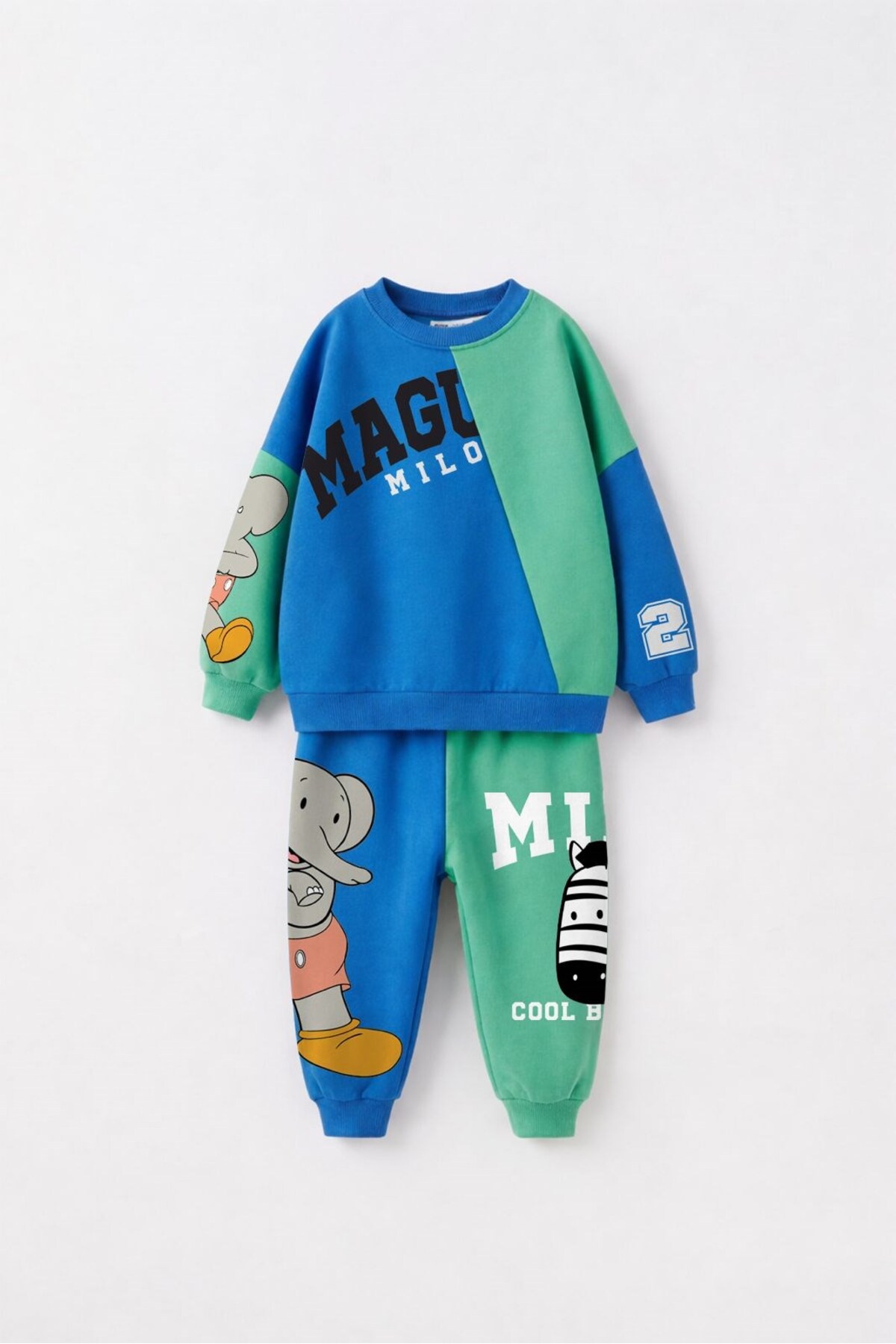 Magu Çocuk ve Milo Baskılı Mavi Yeşil Okul Sweatshirt ve Eşofman Altı Takımı