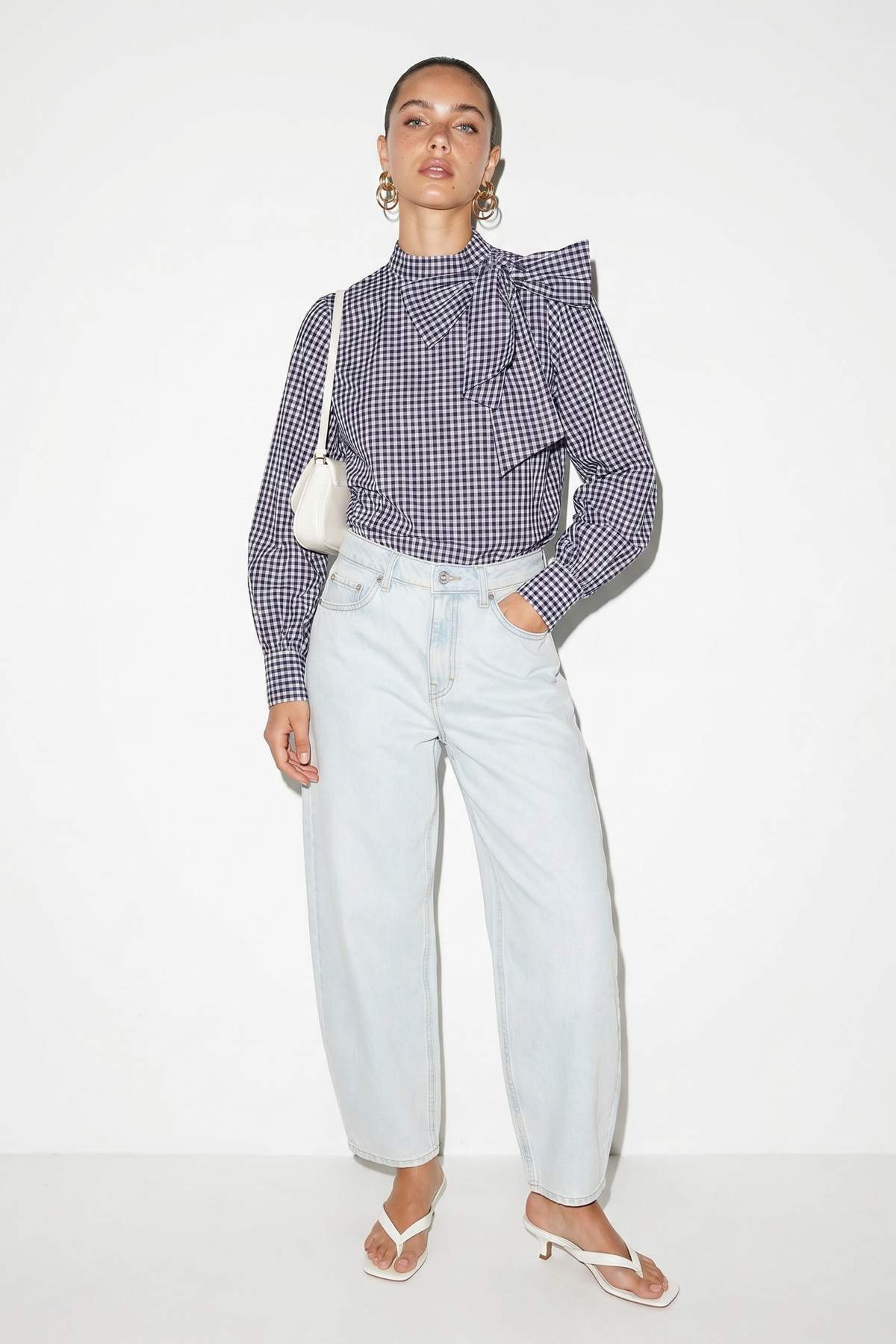 Drop by Trendyolmilla Lacivert Boyundan Fiyonklu Pötikare Desenli Gömlek TDRSS26GO00075