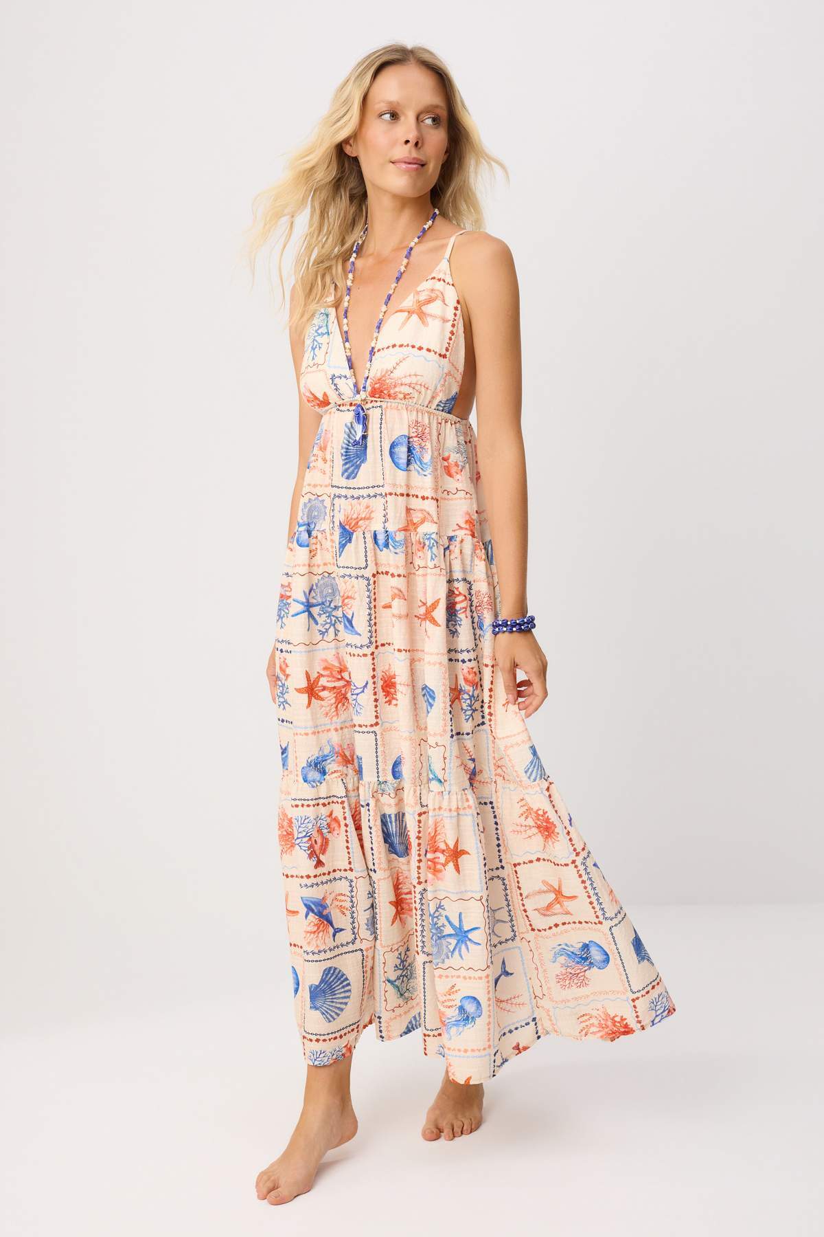 Trendyol Collection Underwater Patterned Woven Maxi Tie Detail Beach Dress Tbess26El00073