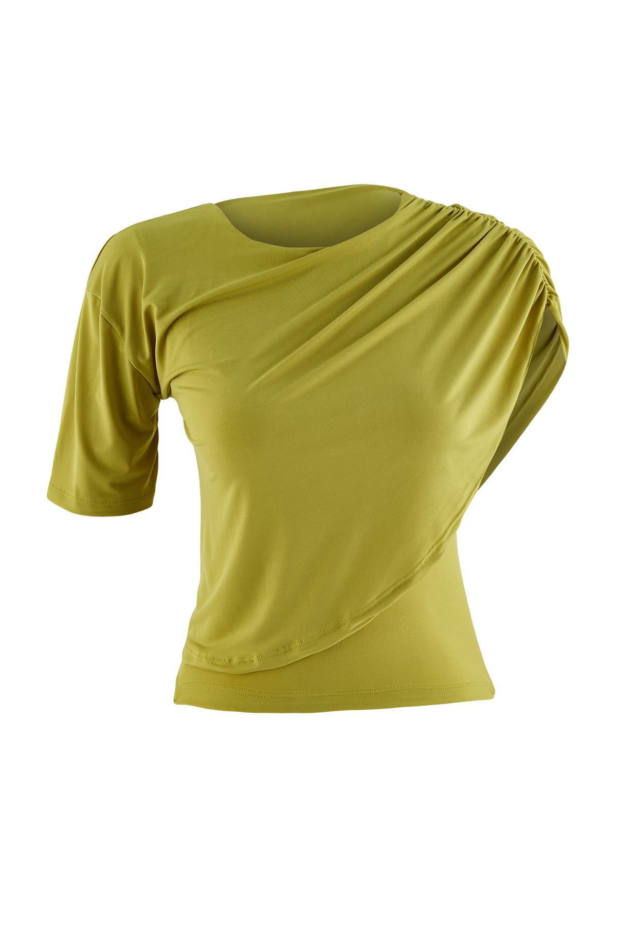 Trendyolmilla Yağ Yeşil Fitted/Vücuda Oturan Pelerin Detaylı Kısa Kol Esnek Örme Bluz TWOAW27BZ00093