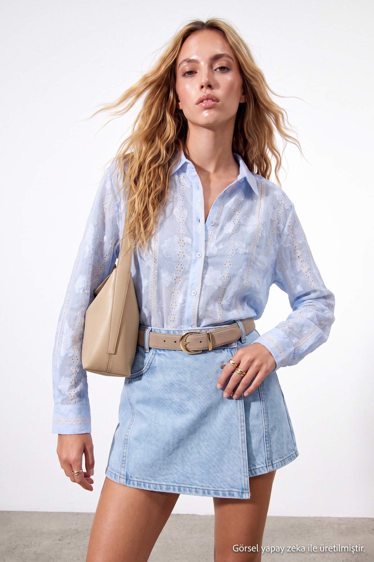 Drop by TrendyolMilla Blue Floral Print Chiffon Shirt with Embroidery Detail Tdrss26Go00130