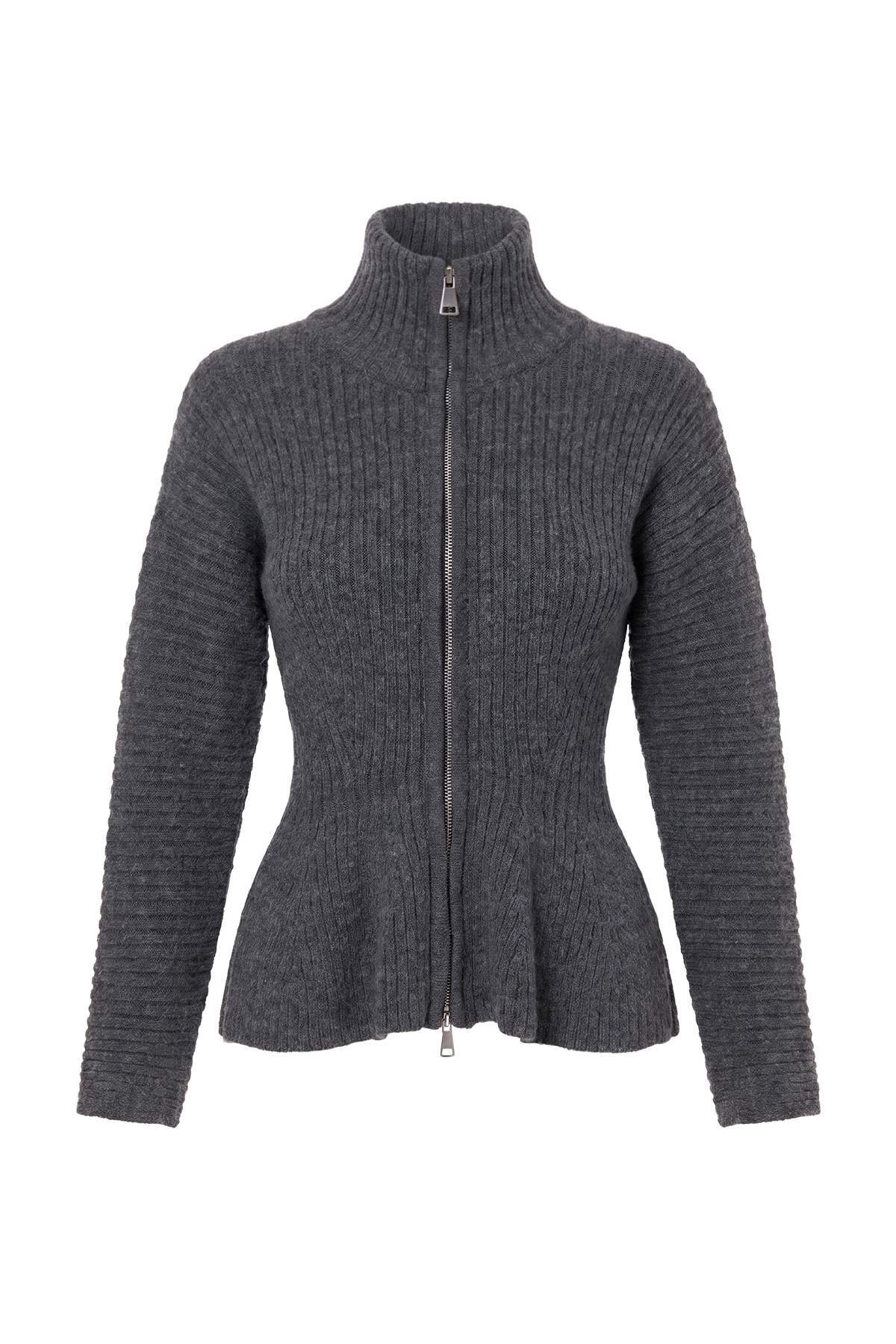 Trendyolmilla Wardrobe Essentials Antrasit Yumuşak Dokulu Peplum Detaylı Devrik Yaka Triko Hırka TWOAW27HI00063