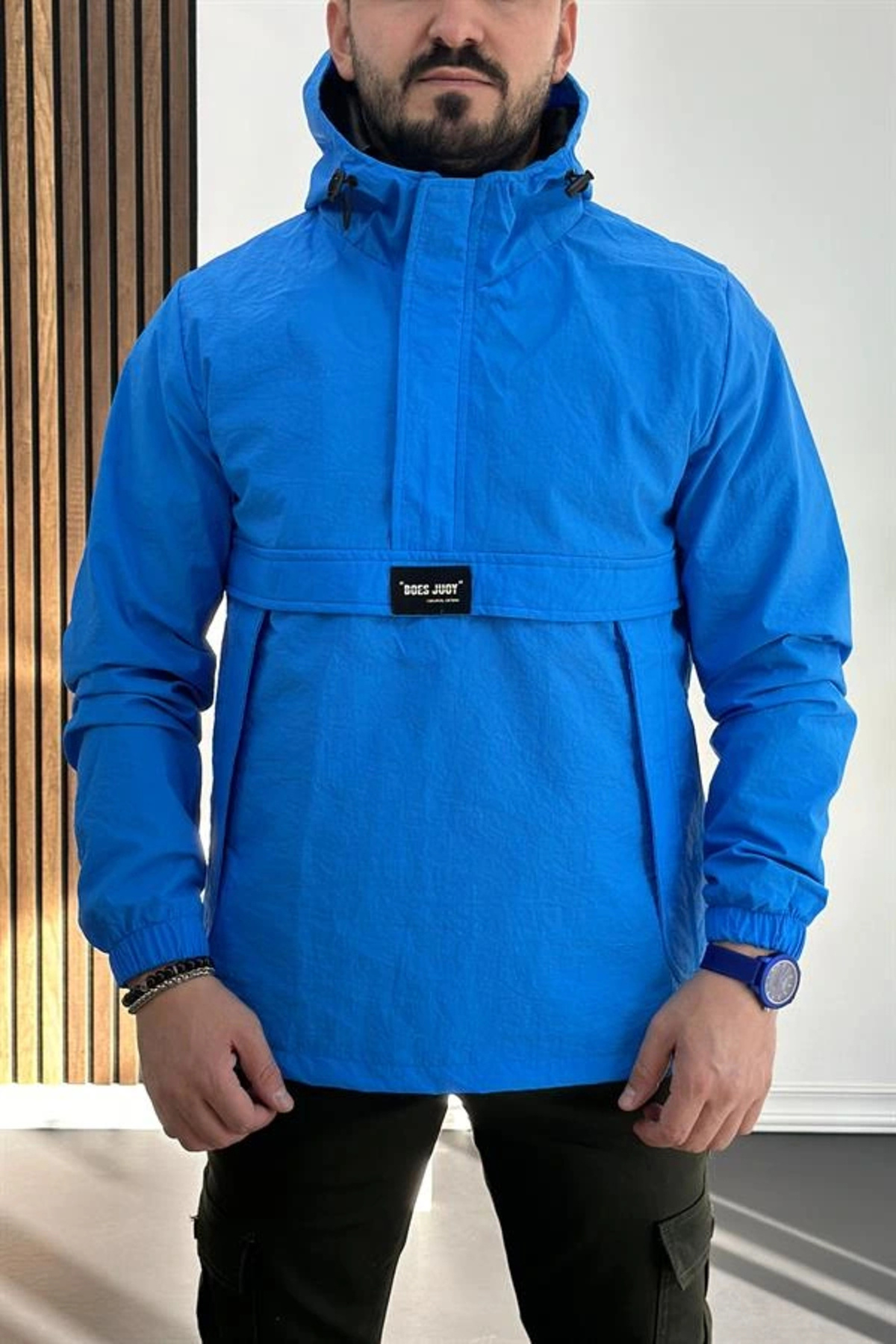 Edwox Erkek Slim Fit Krinkıl Kumaş Kanguru Cepli Yarım Fermuarlı