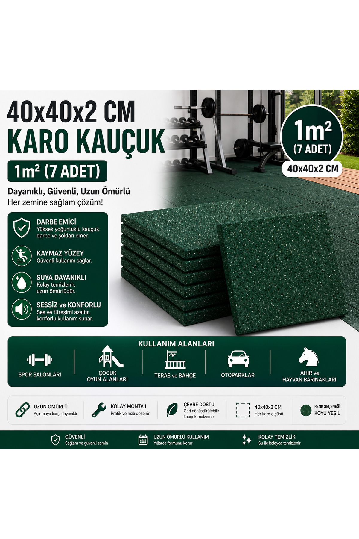Doğa Kauçuk 40x40x2 Cm Karo Kauçuk Zemin Kaplama 1m² (METREKARE) 7 Adet
