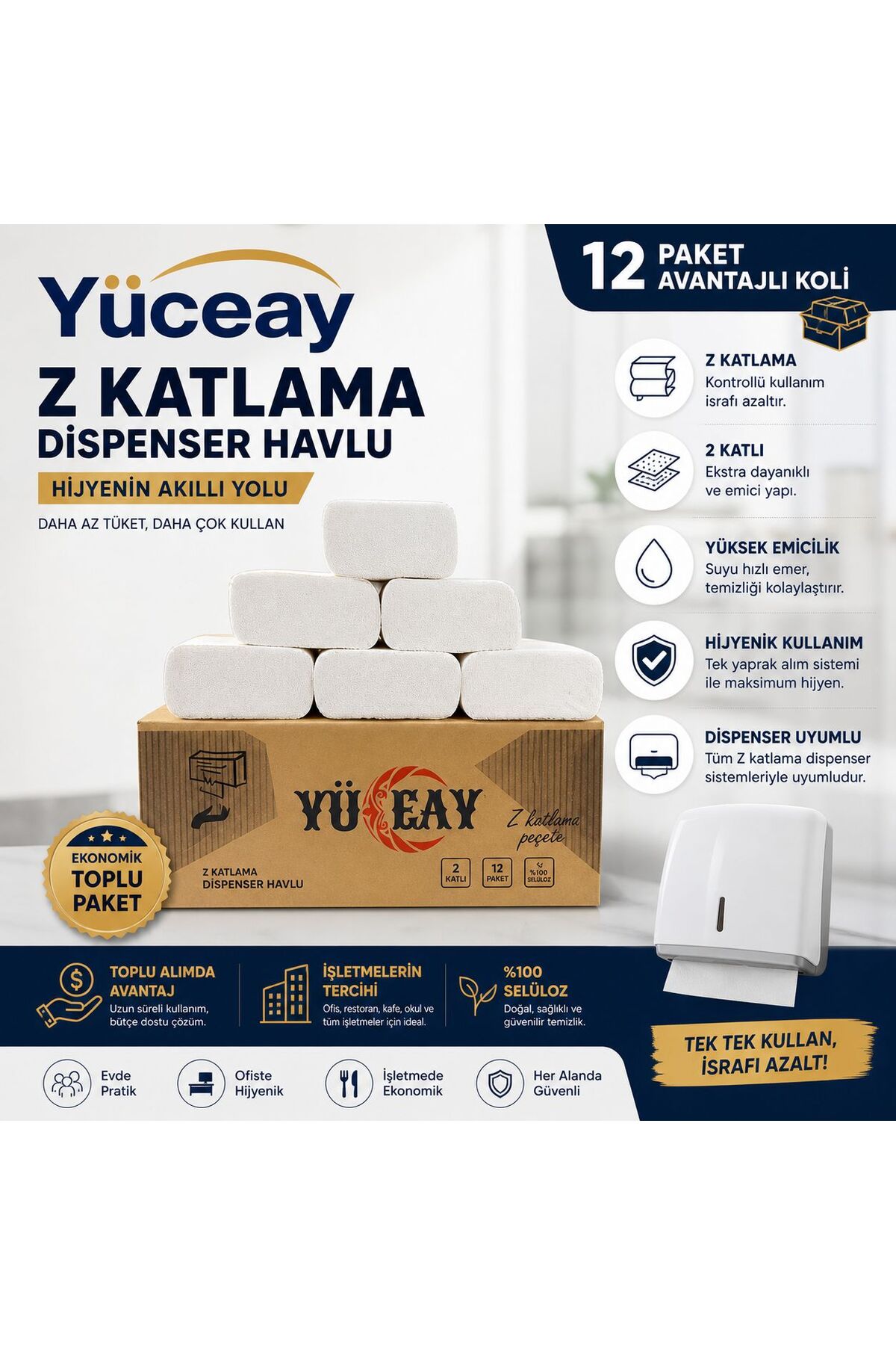 YÜCEAY Z Katlama Dispenser Havlu 12 Paket - Fiyatı, Yorumları