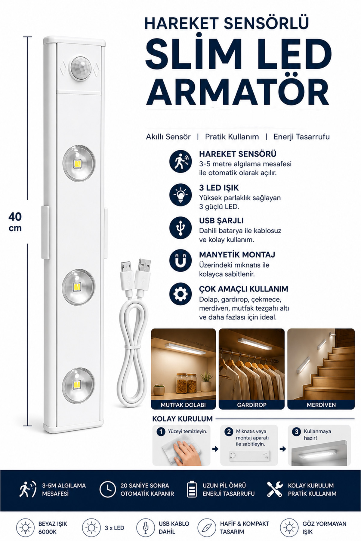 40 Cm White 3w Slim Led Cabinet Fixture Decorative Night Light with Motion Sensor Usb Rechargeable Lighting