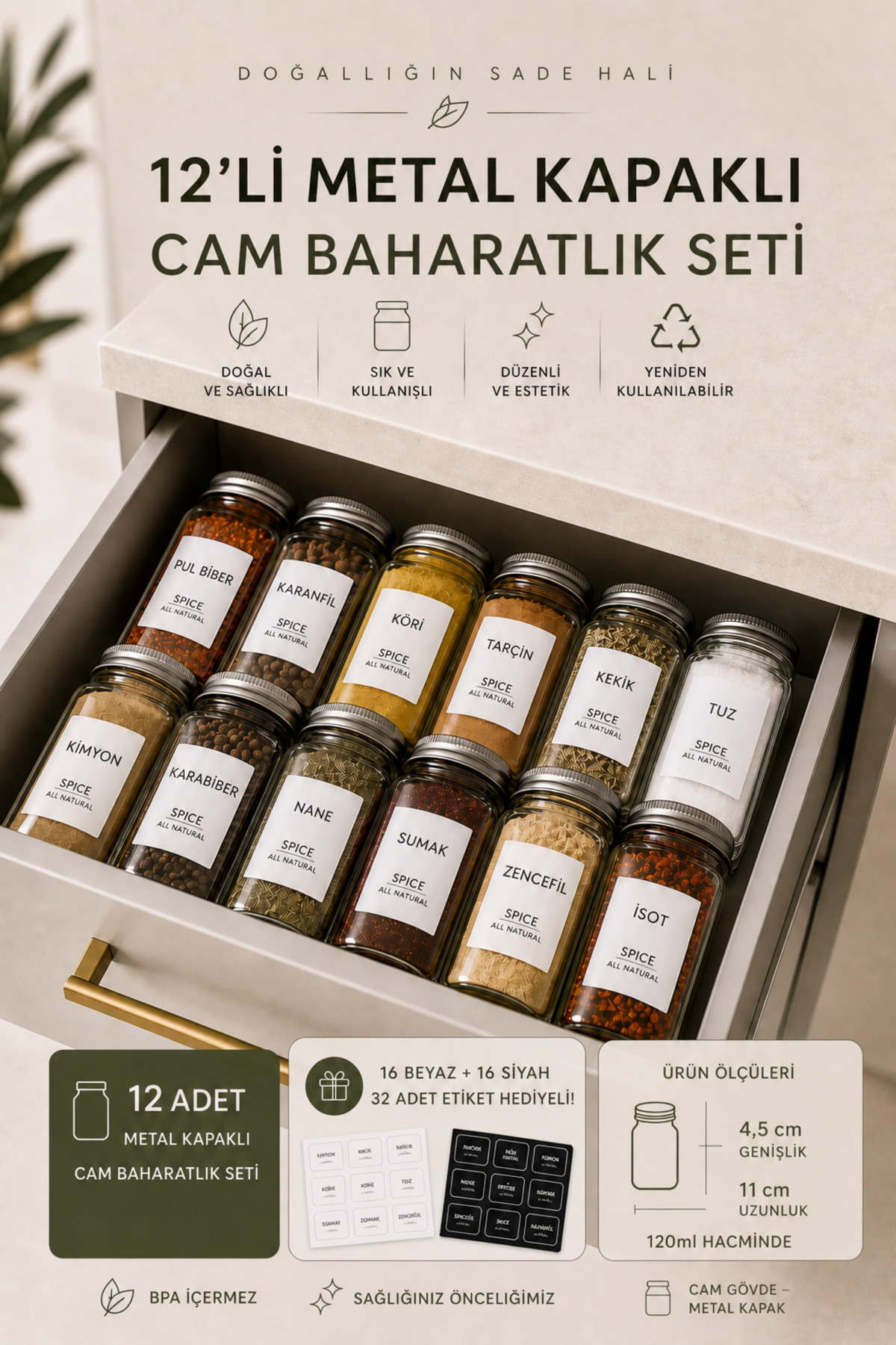 12 Pieces Square Form Glass Spice Holder Set with Metal Lid (32 Pieces with Label Gift)