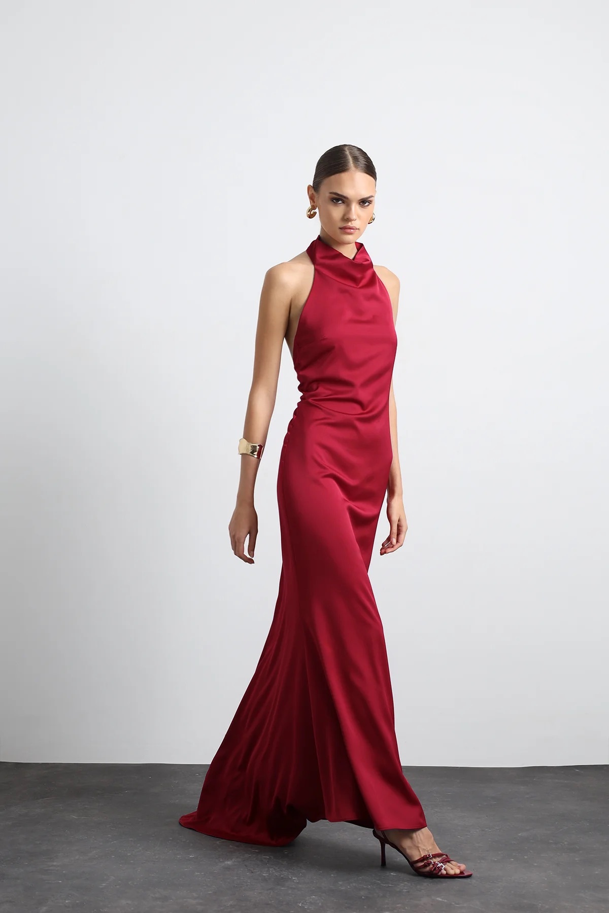 Halley Halter Collar Maxi Claret Red Satin Dress