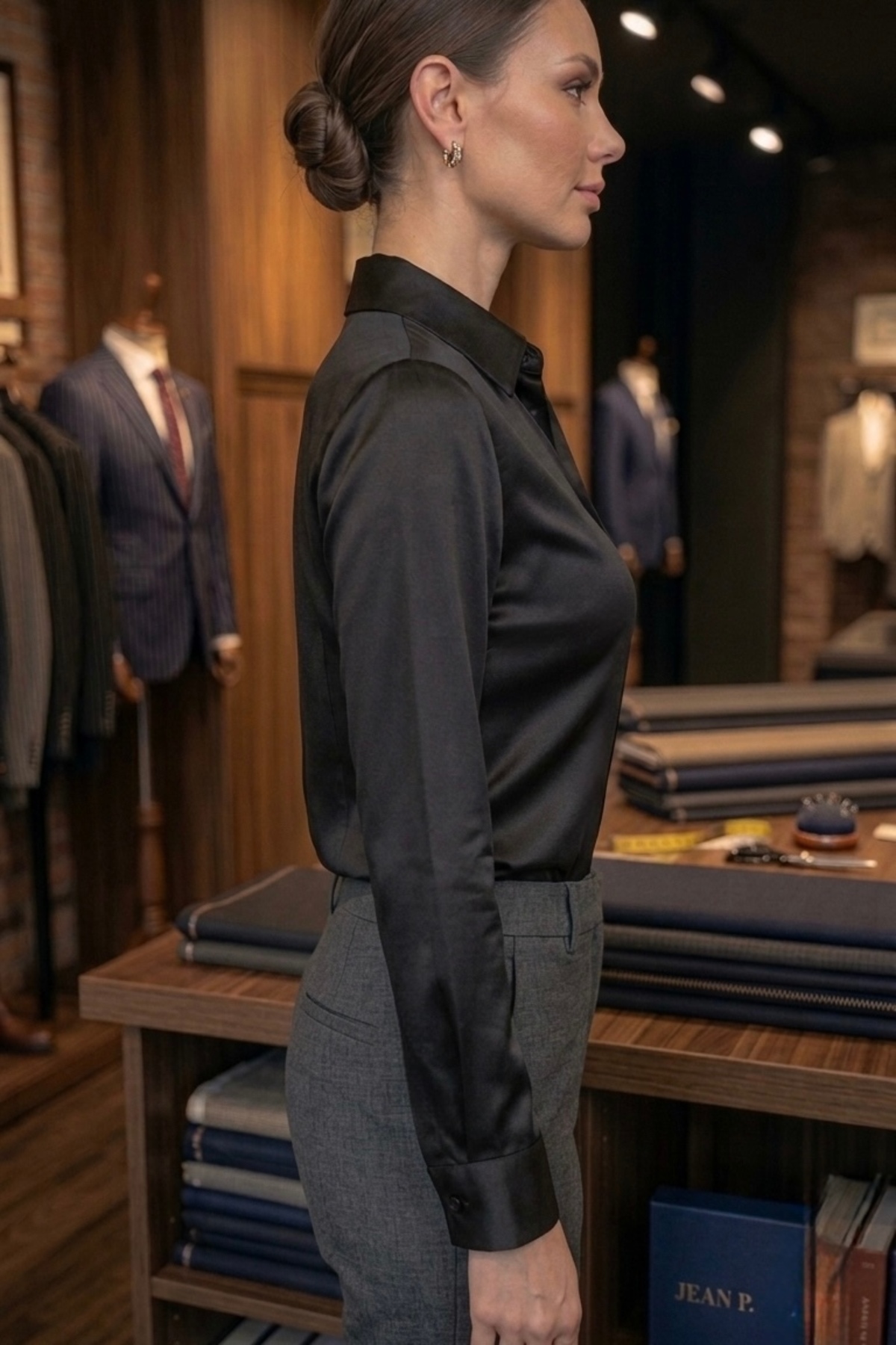 miremiran  SATEN GÖMLEK gizli patlı rahat Kadın Slim fit SATEN SİYAH - Görsel 5