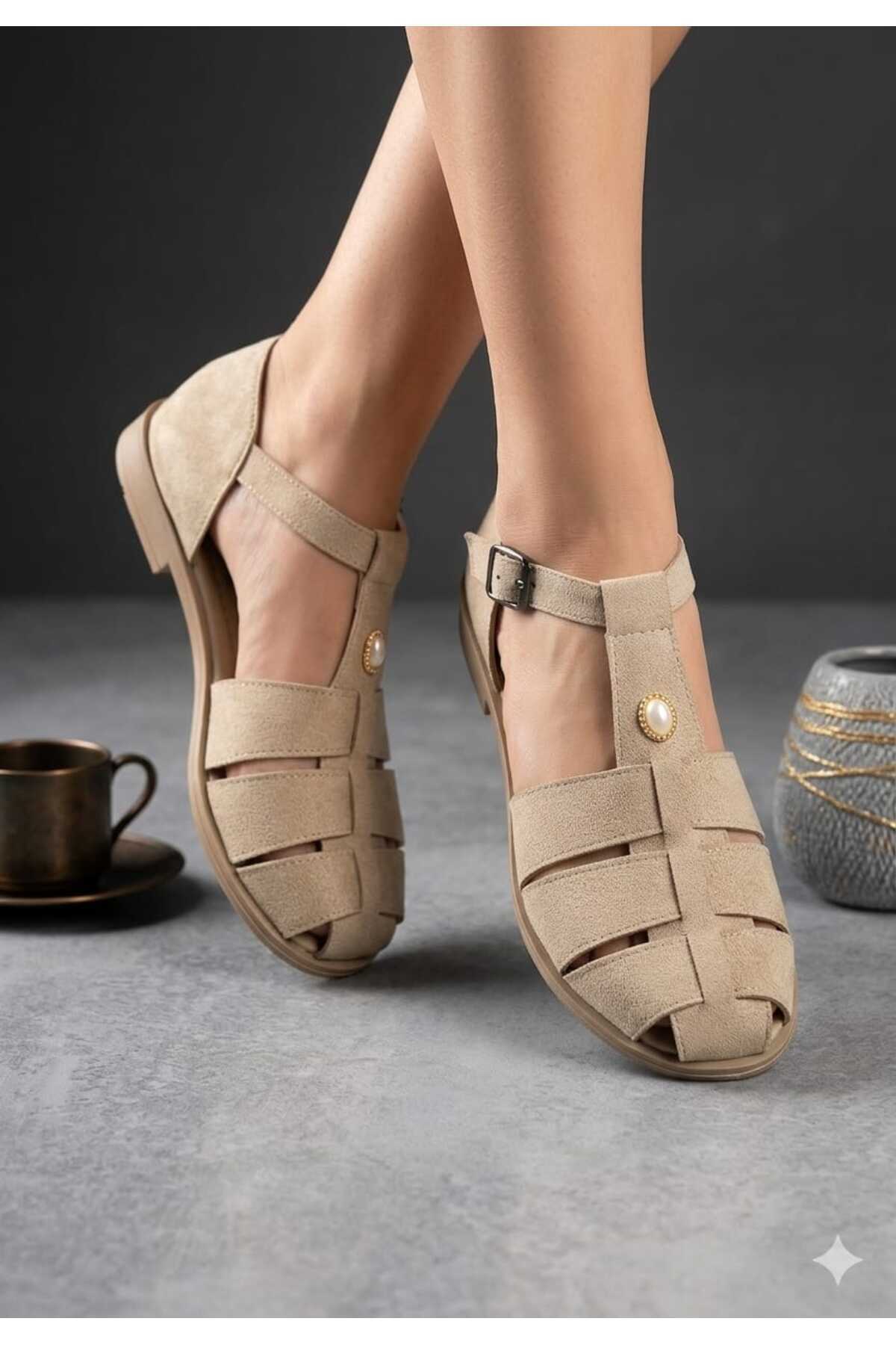 Women's First Beige Suede Flat Sole Buckle Detailed Sandals