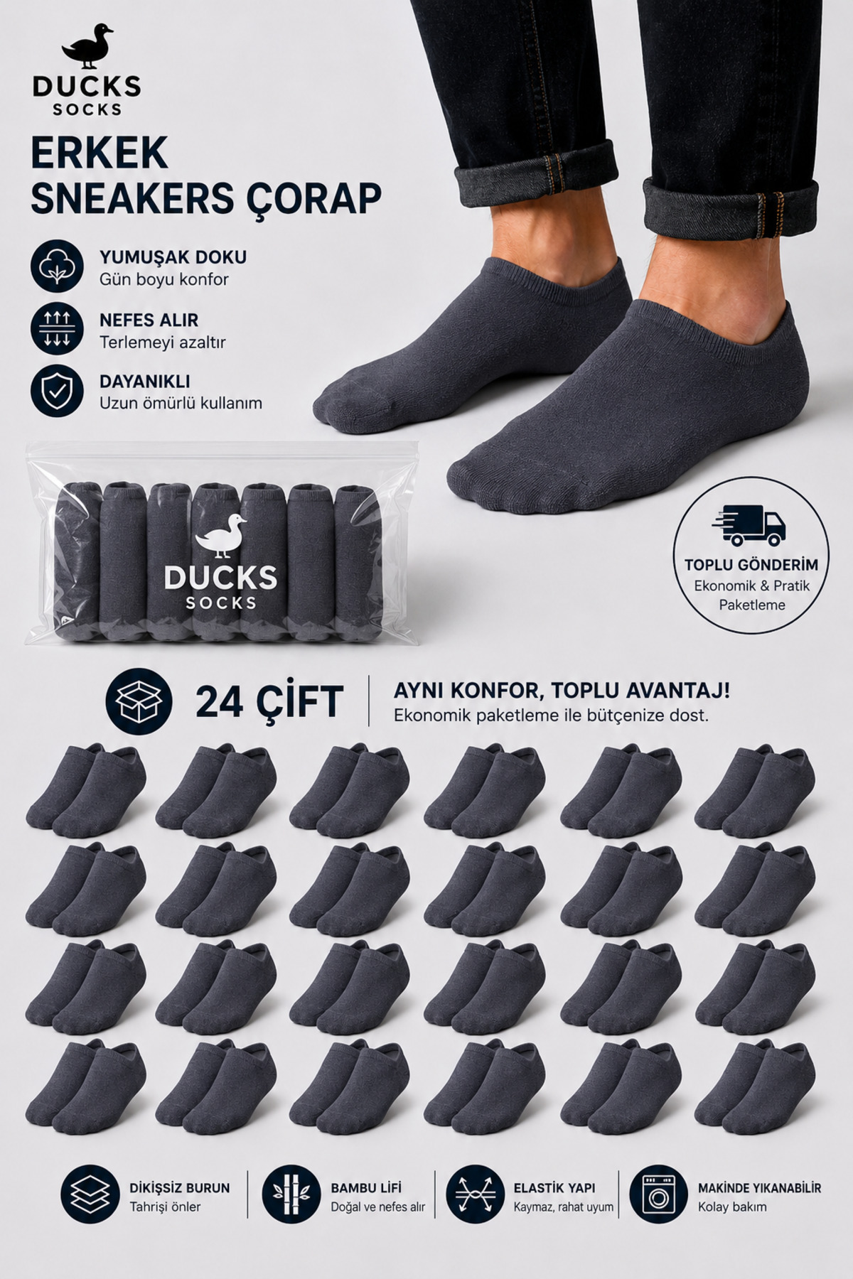 Erkek Bambu 24'lü Set Dikişsiz Yıkamalı Sneakers Çorap Füme