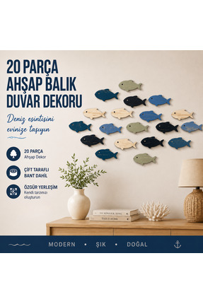 HippoDeco 20 Parça Ahşap Balık Duvar Süsü Seti – Renkli Modern Deniz Temalı D...