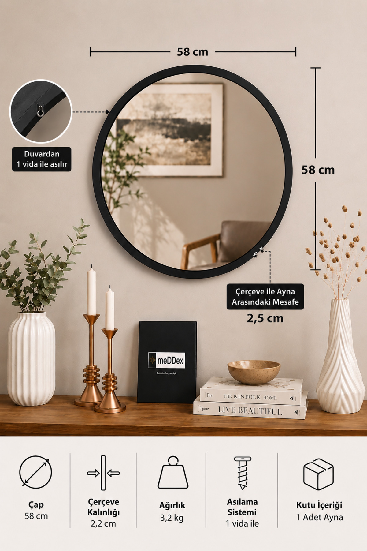 Round Mirror 60cm Matte Gloss Black Dresuar Corridor Wall Living Room Bathroom WC Office Kids Bedroom