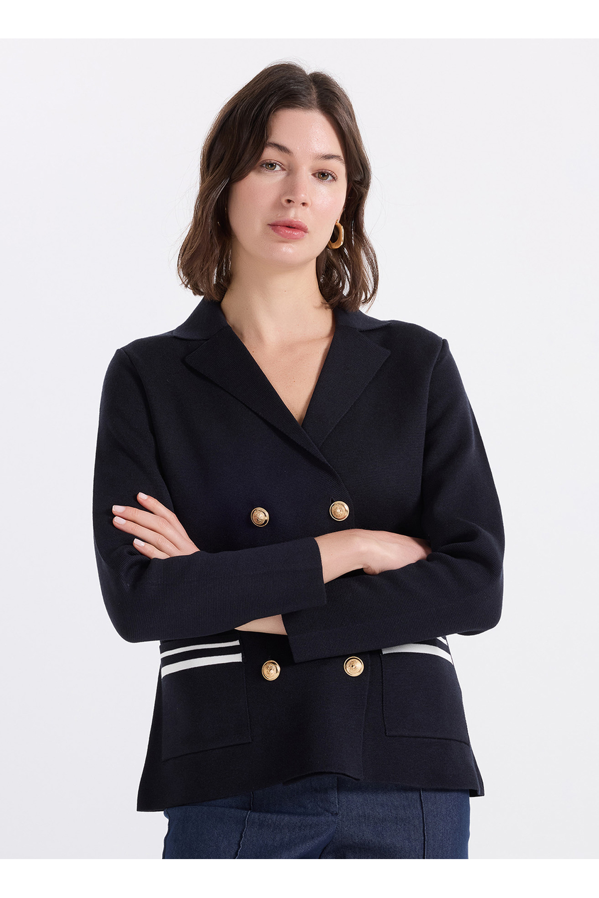 Fabrika Lacivert Kadın Polo Loose Fit Triko Ceket F6SL-CKT0122 görsel 3