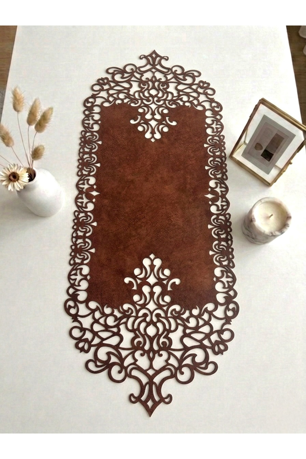 Red Brown Suede Fabric Runner 40x100 Cm Coffee Table Length - Modern Design