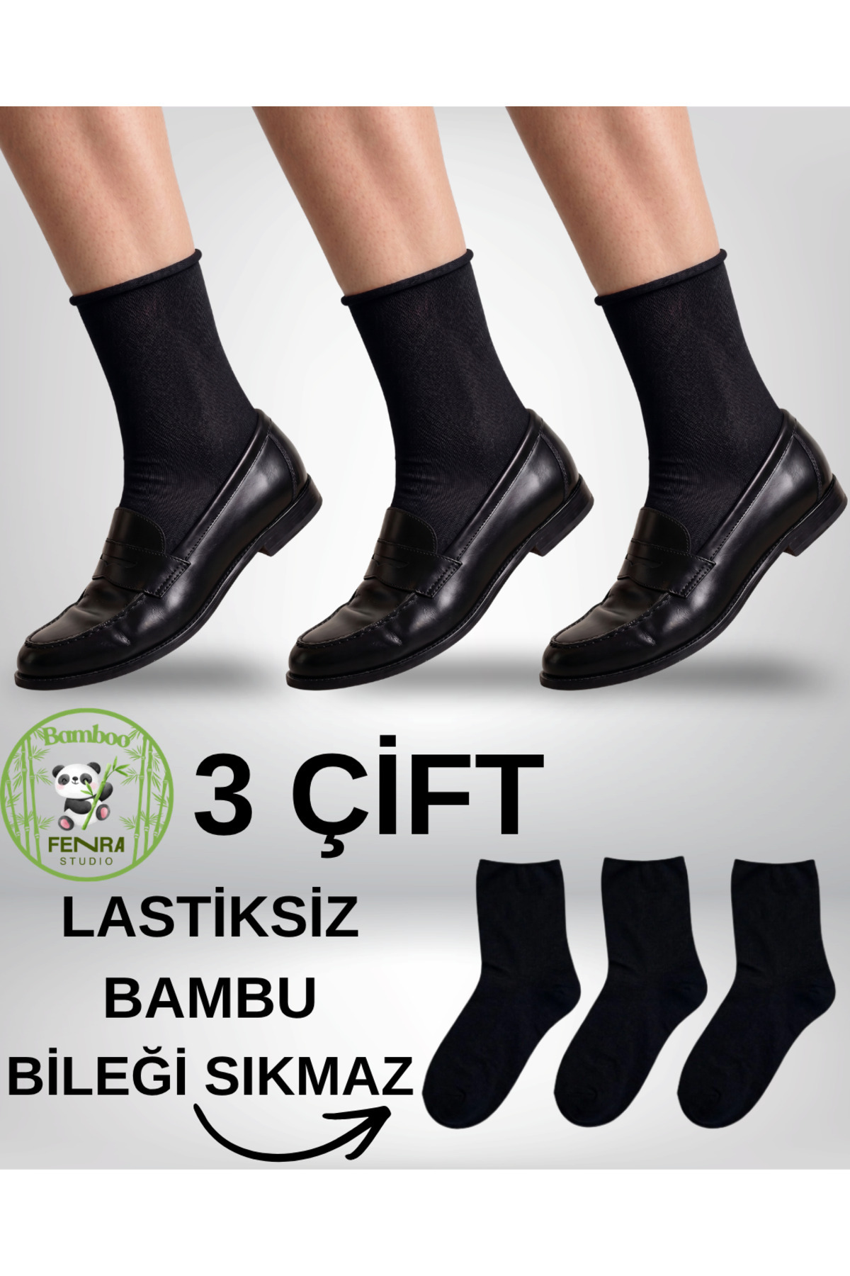 3-Piece Natural Bamboo Elastic-Free Medium Konç Socks Black