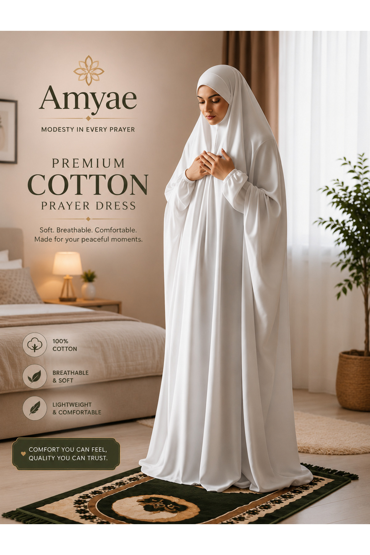 AMYAE One Piece Islamic prayer dress women with long sleeve - Prayer Clothes for Women - Namaz Prayer Dress Abaya