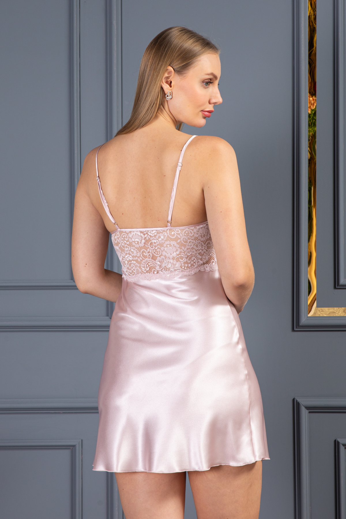 Lunoche Nightwear Kadın Lüks Saten Güpür Dantel Detaylı Çeyizlik Gecelik Sabahlık Takımı görsel 5
