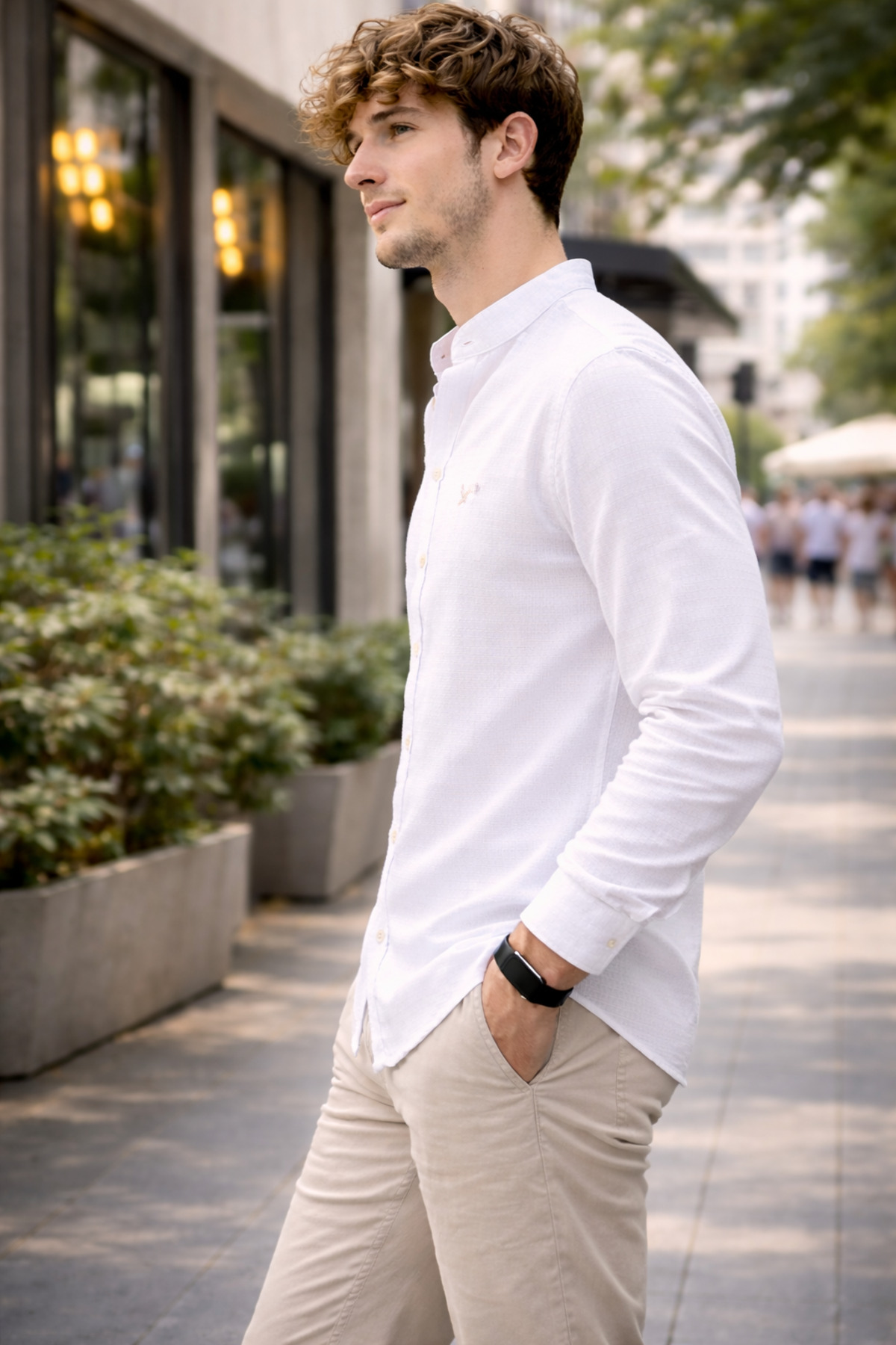 EMPEROR APPAREL Erkek Beyaz Uzun Kollu Armürlü Hakim Yaka Müslin Gömlek görsel 2