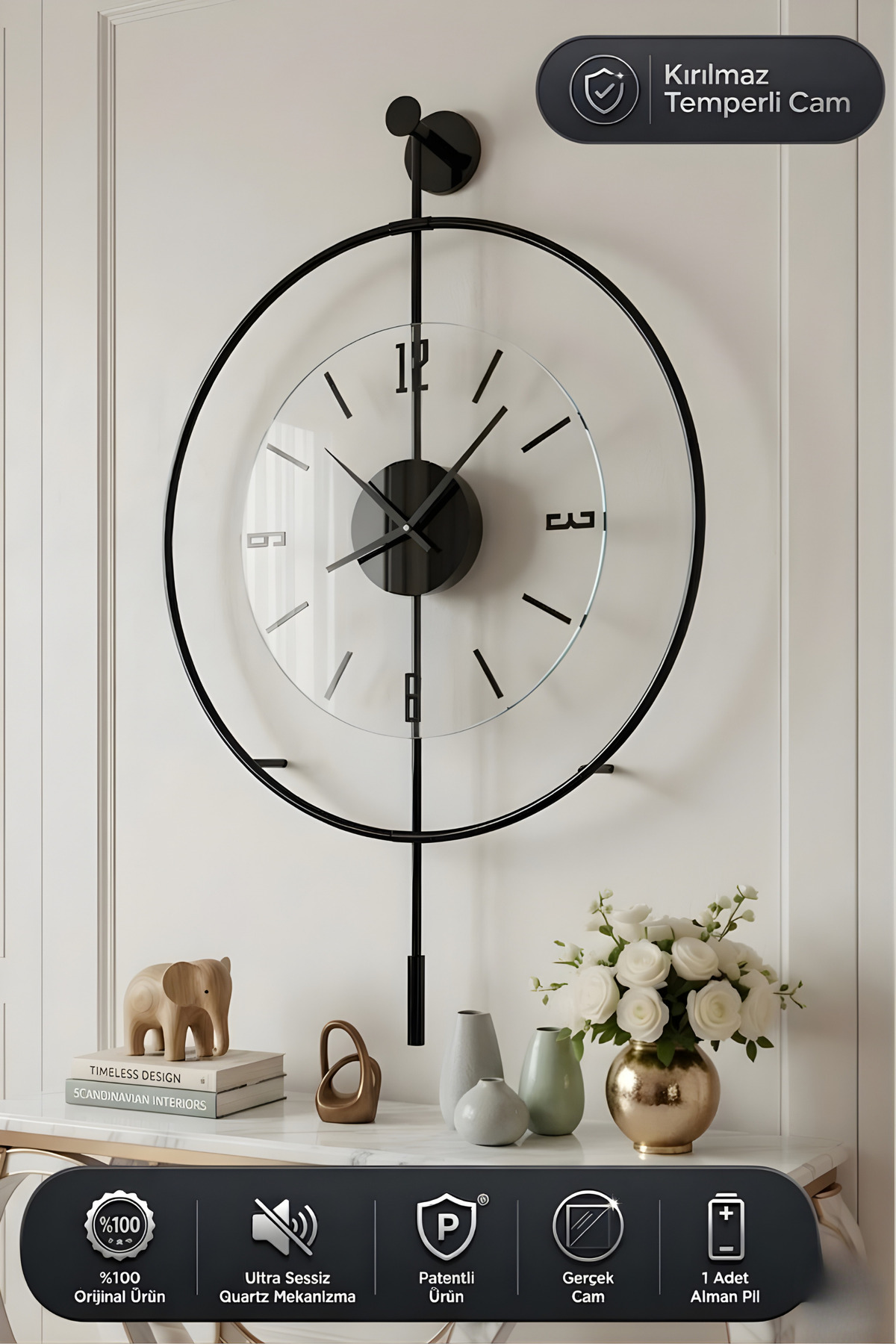 Black Luxry Şefaf (NEW tempered TEMPERED GLASS) - Quartz Movement - (50X75CM) Metal Wall Clock