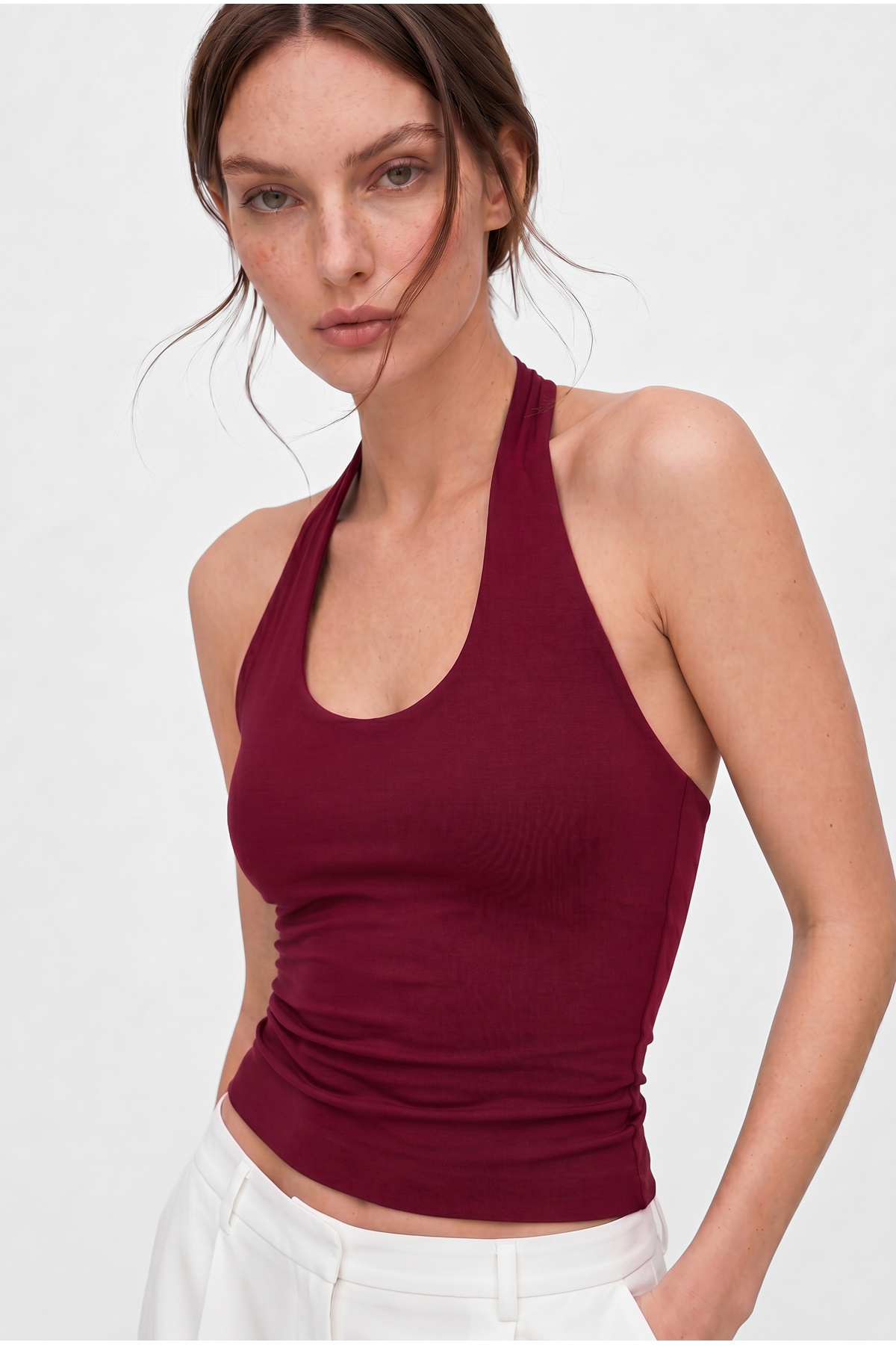 OLYNN  Bordo Ultra Premium Soft Halter Yaka Çift Kat Top Body