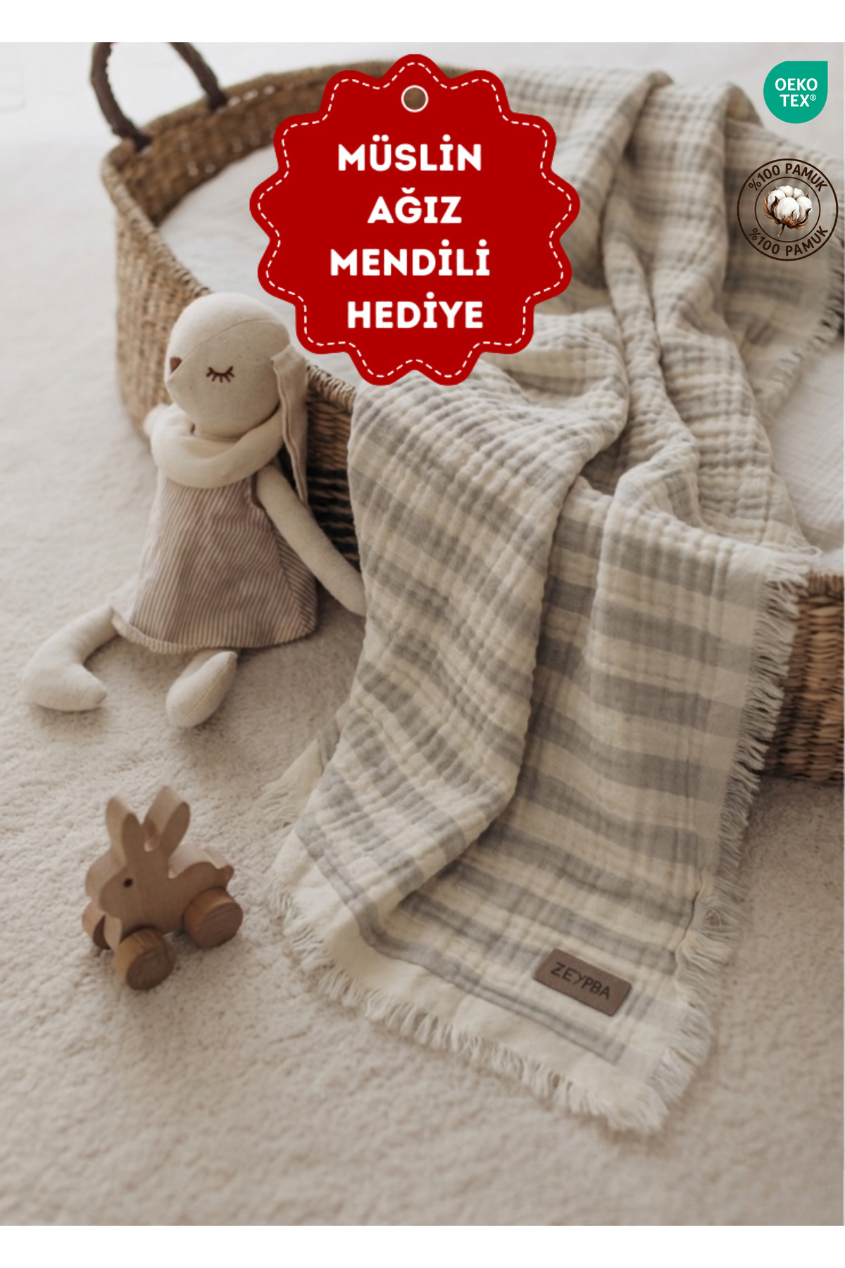 4-Ply Muslin Cover Gray Striped 110x110 cm (For Baby & Kids) 100% Cotton