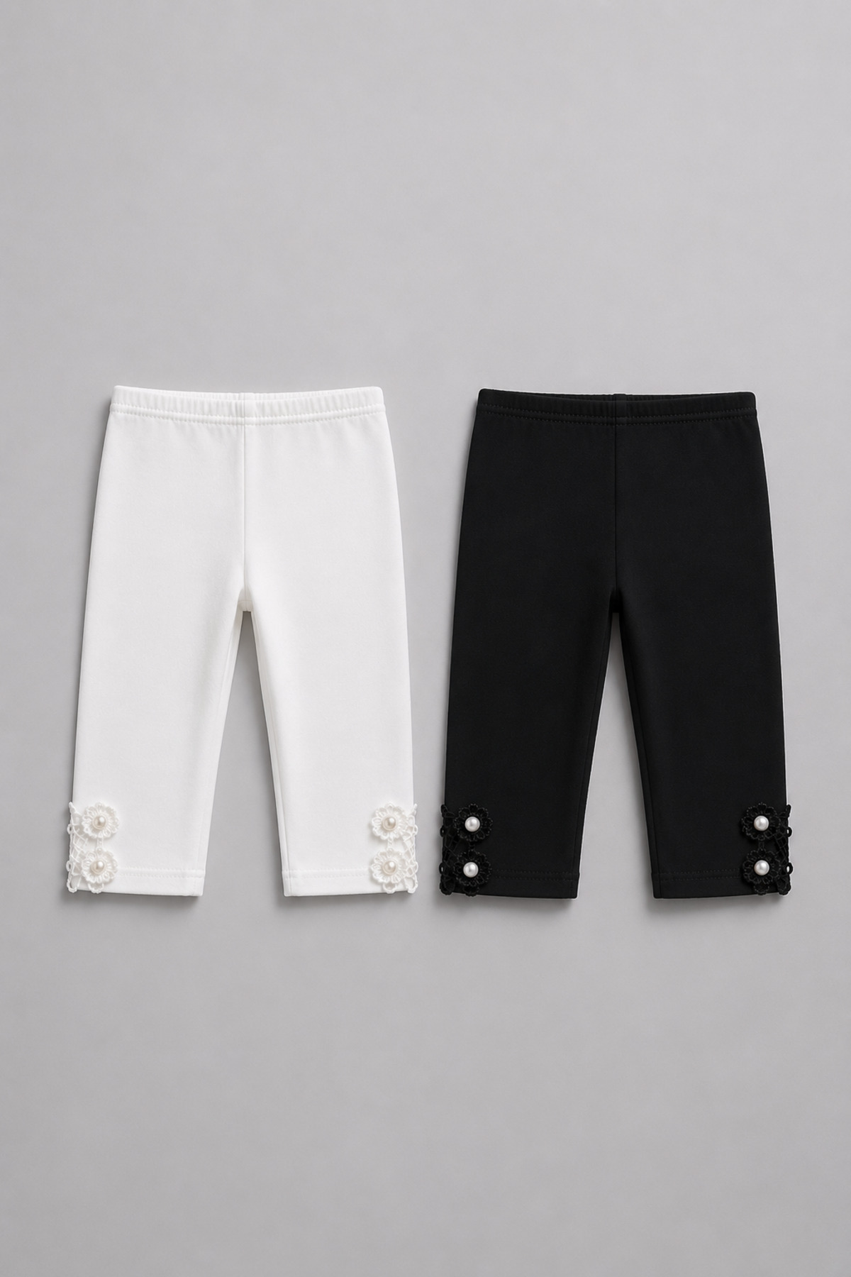 2 Pieces of Pearl and Flower Leg Detailed 100%100 Cotton Spacious Fabric 2 Pieces Capri Tights